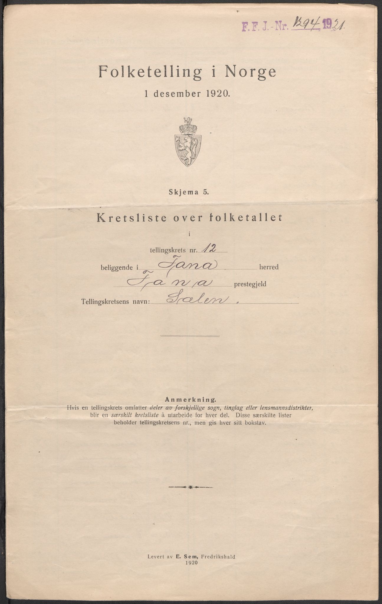 SAB, 1920 census for Fana, 1920, p. 53