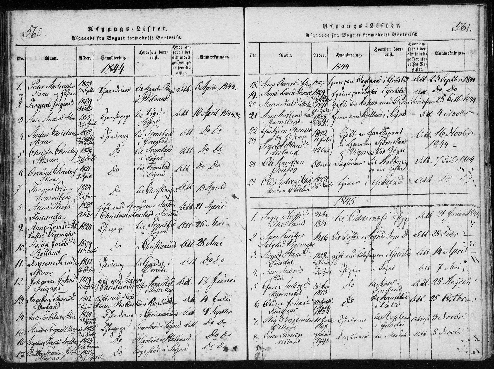 Holum sokneprestkontor, AV/SAK-1111-0022/F/Fa/Fac/L0002: Parish register (official) no. A 2, 1821-1859, p. 560-561