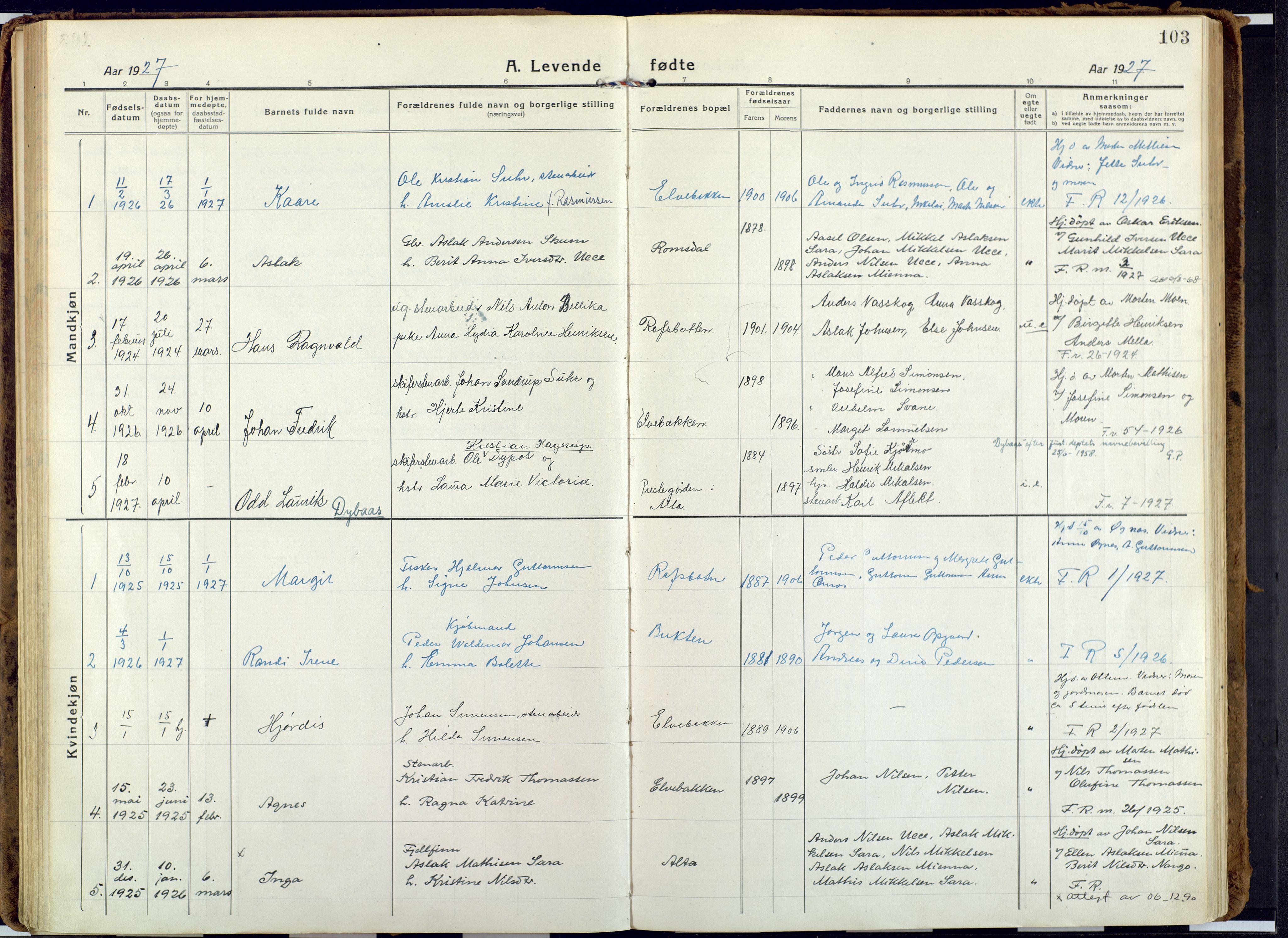 Alta sokneprestkontor, SATØ/S-1338/H/Ha: Parish register (official) no. 6, 1918-1931, p. 103