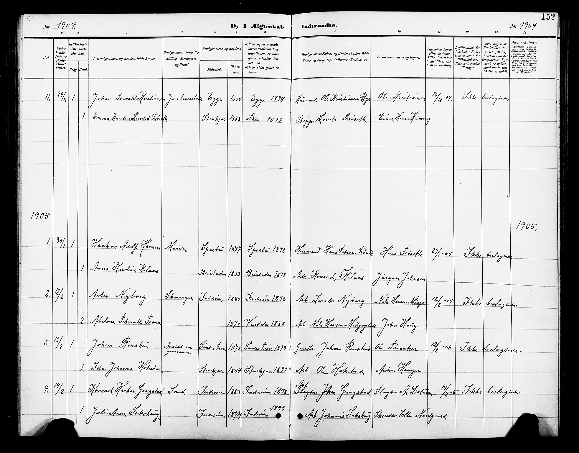 Ministerialprotokoller, klokkerbøker og fødselsregistre - Nord-Trøndelag, SAT/A-1458/739/L0375: Parish register (copy) no. 739C03, 1898-1908, p. 152