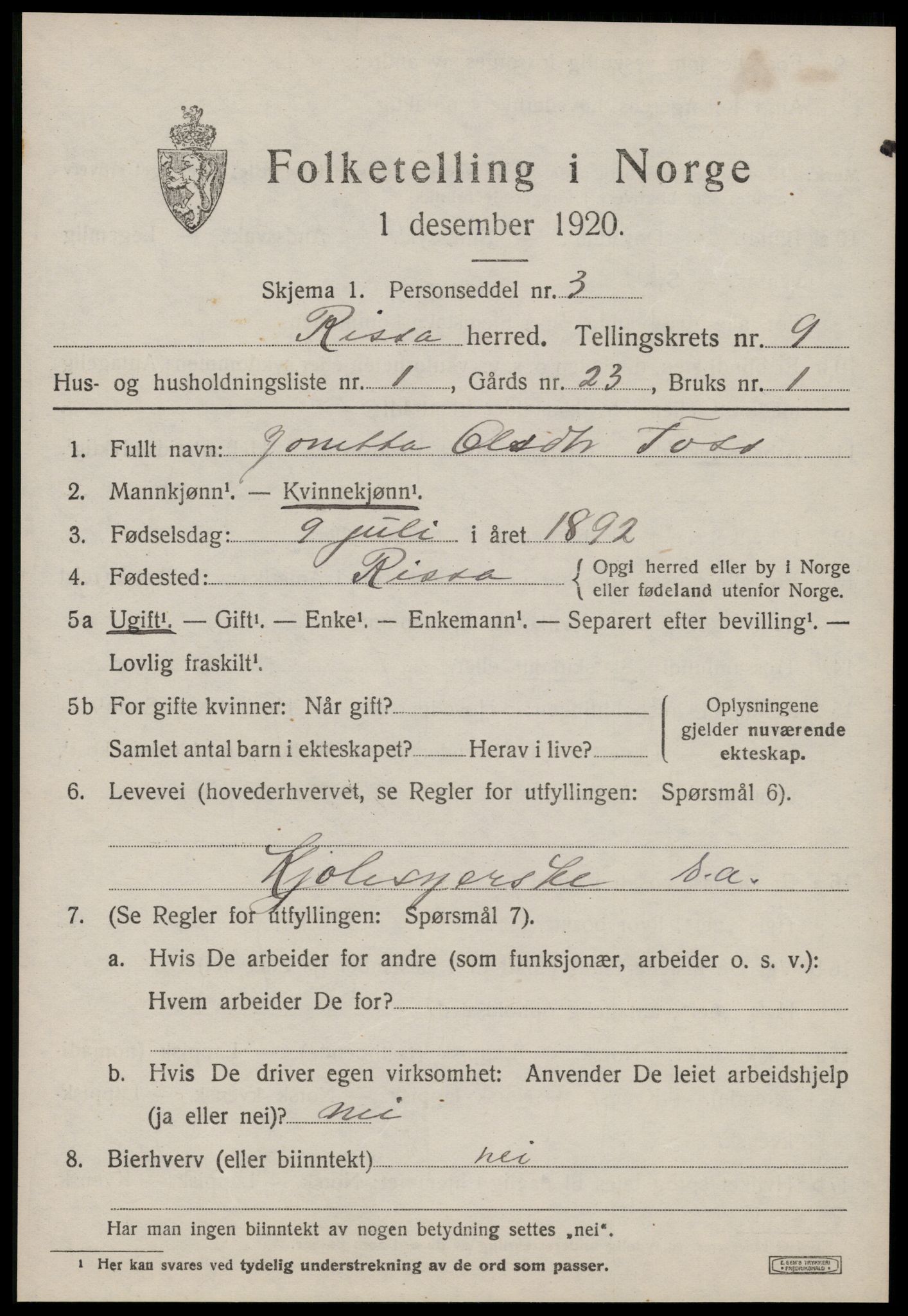 SAT, 1920 census for Rissa, 1920, p. 5953