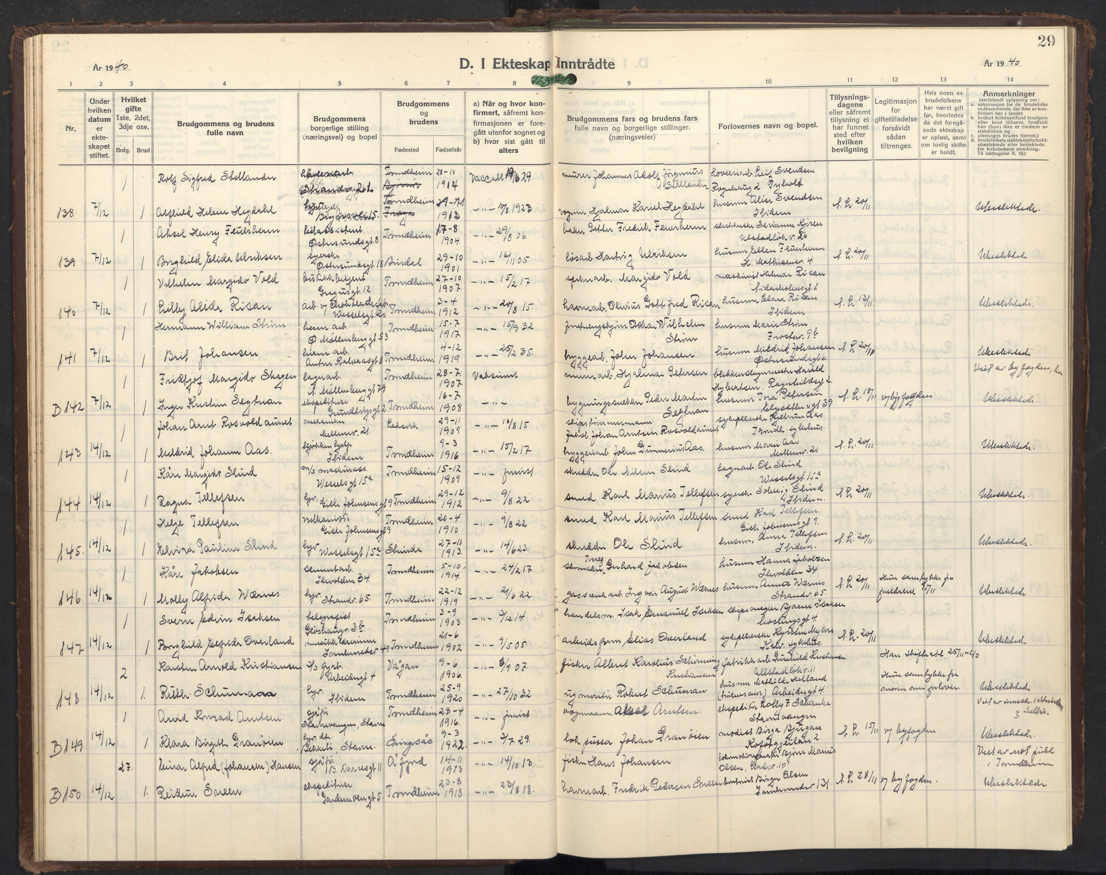 Ministerialprotokoller, klokkerbøker og fødselsregistre - Sør-Trøndelag, AV/SAT-A-1456/605/L0263: Parish register (copy) no. 605C10, 1938-1949, p. 29