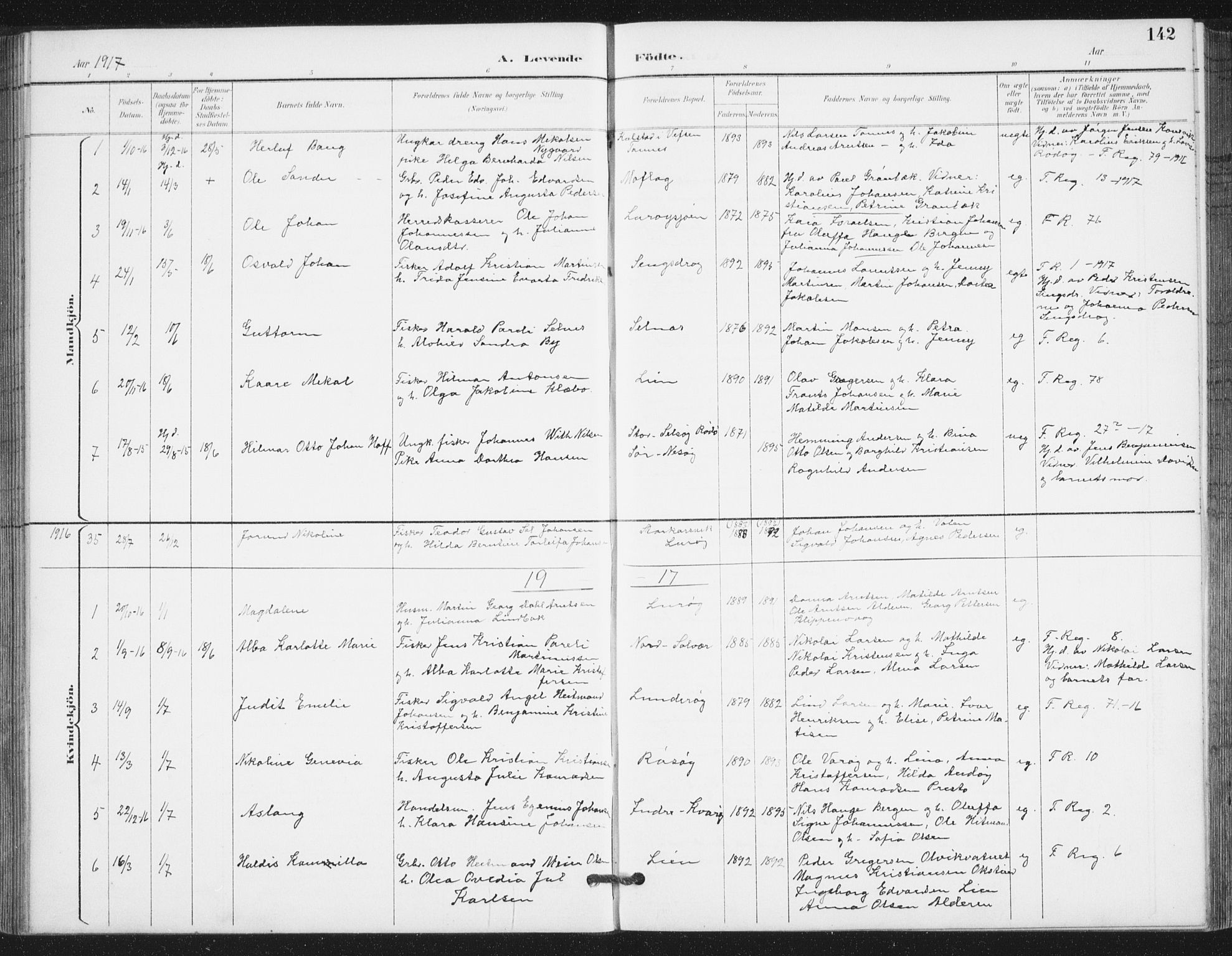 Ministerialprotokoller, klokkerbøker og fødselsregistre - Nordland, AV/SAT-A-1459/839/L0573: Parish register (copy) no. 839C03, 1892-1917, p. 142