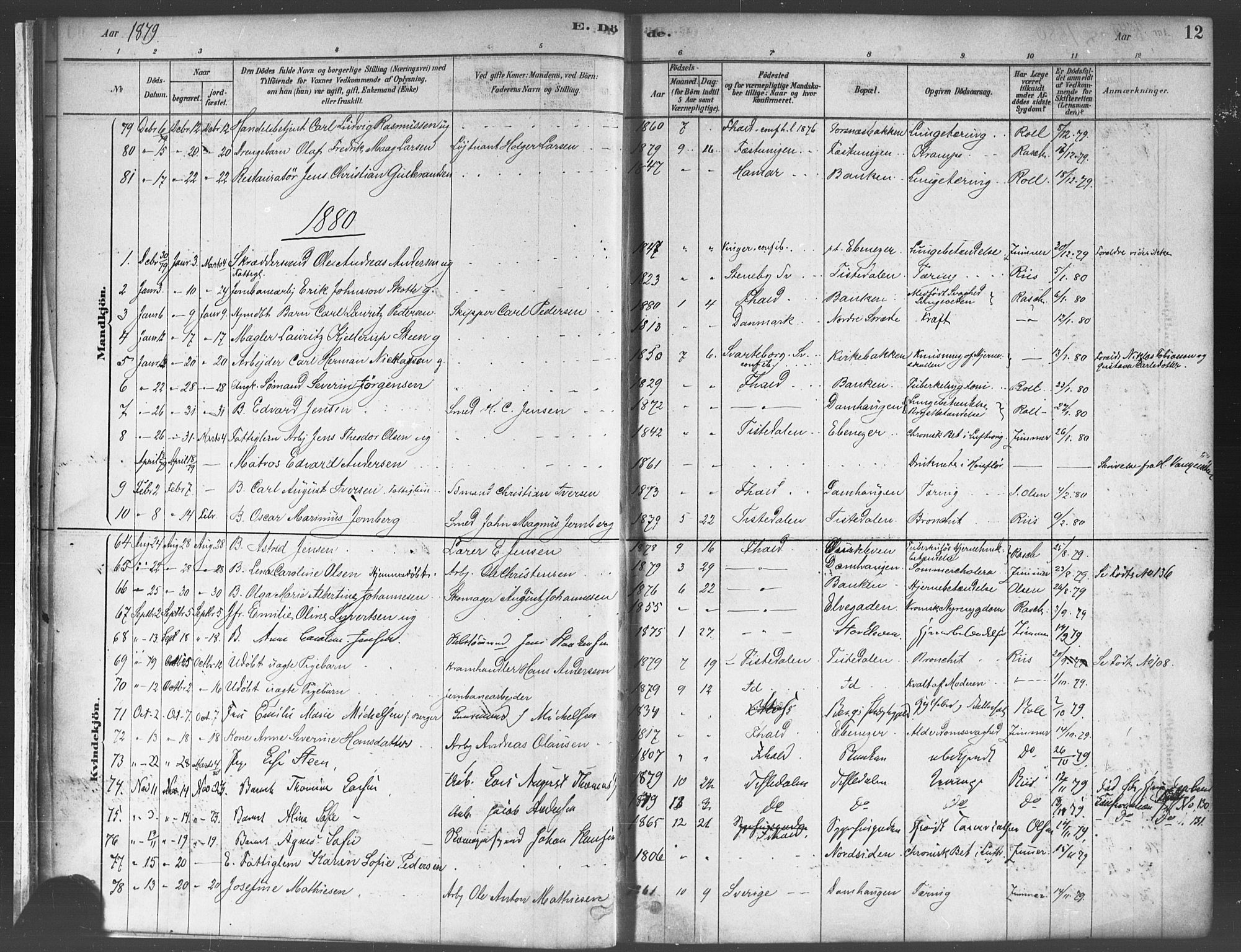 Halden prestekontor Kirkebøker, AV/SAO-A-10909/F/Fa/L0012: Parish register (official) no. I 12, 1878-1889, p. 12