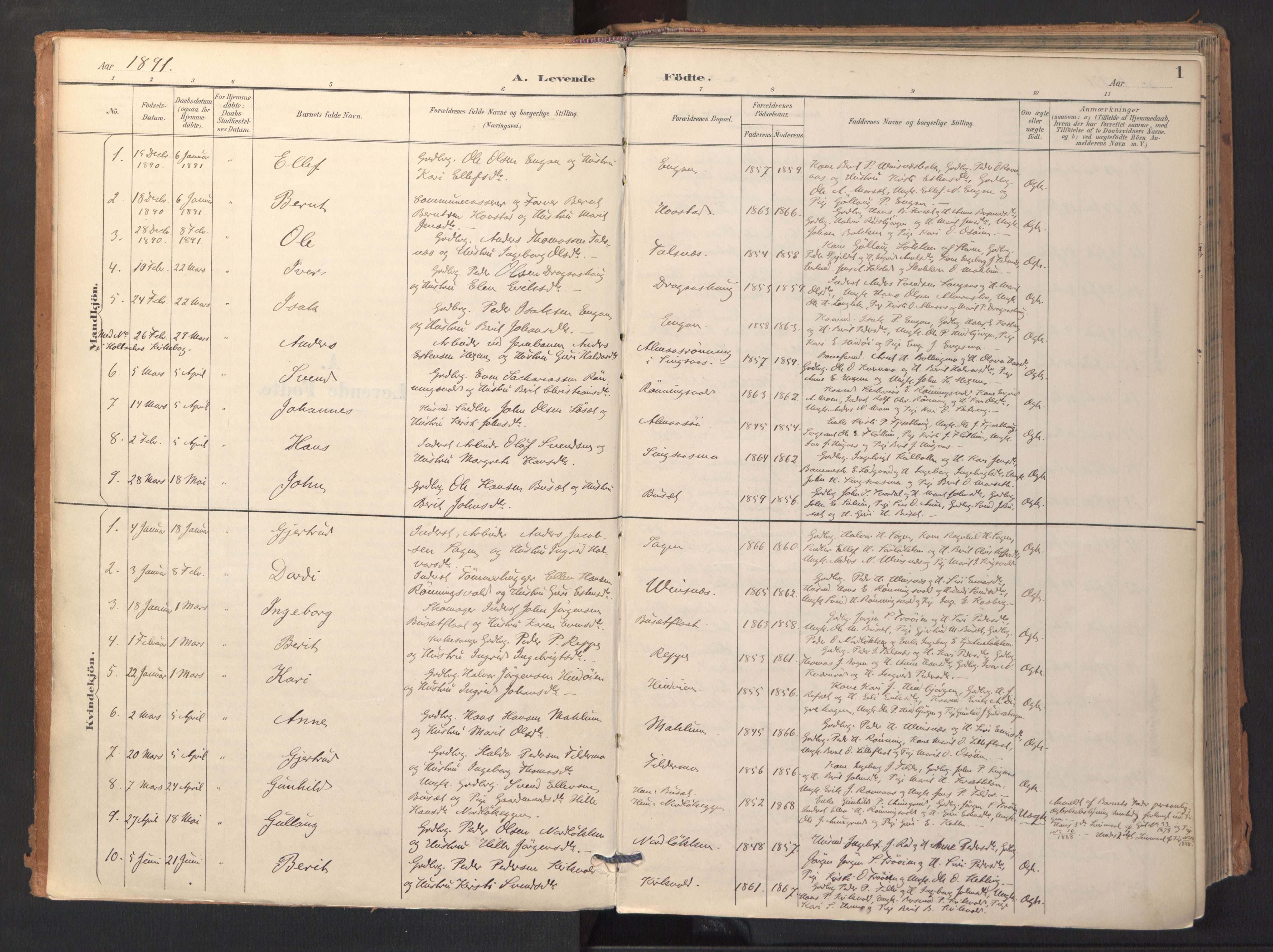 Ministerialprotokoller, klokkerbøker og fødselsregistre - Sør-Trøndelag, SAT/A-1456/688/L1025: Parish register (official) no. 688A02, 1891-1909, p. 1