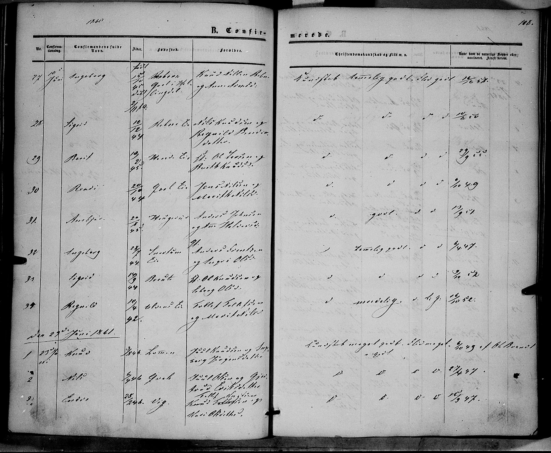 Vestre Slidre prestekontor, SAH/PREST-136/H/Ha/Haa/L0002: Parish register (official) no. 2, 1856-1864, p. 108