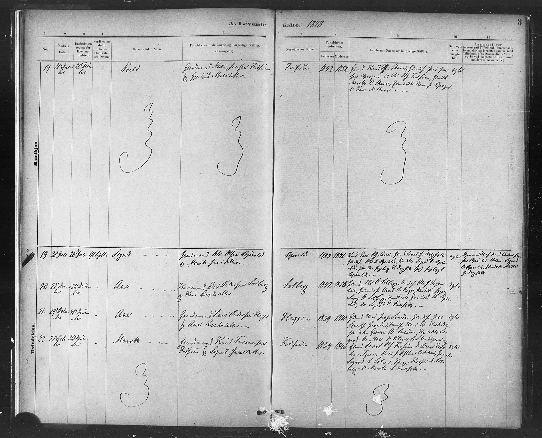 Ministerialprotokoller, klokkerbøker og fødselsregistre - Sør-Trøndelag, AV/SAT-A-1456/689/L1040: Parish register (official) no. 689A05, 1878-1890, p. 3