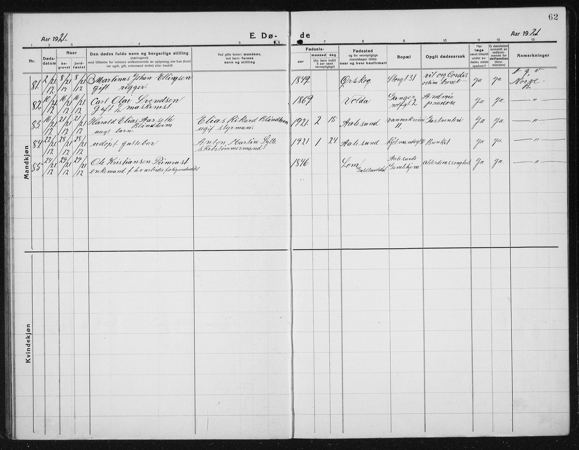 Ministerialprotokoller, klokkerbøker og fødselsregistre - Møre og Romsdal, SAT/A-1454/529/L0474: Parish register (copy) no. 529C11, 1918-1938, p. 62