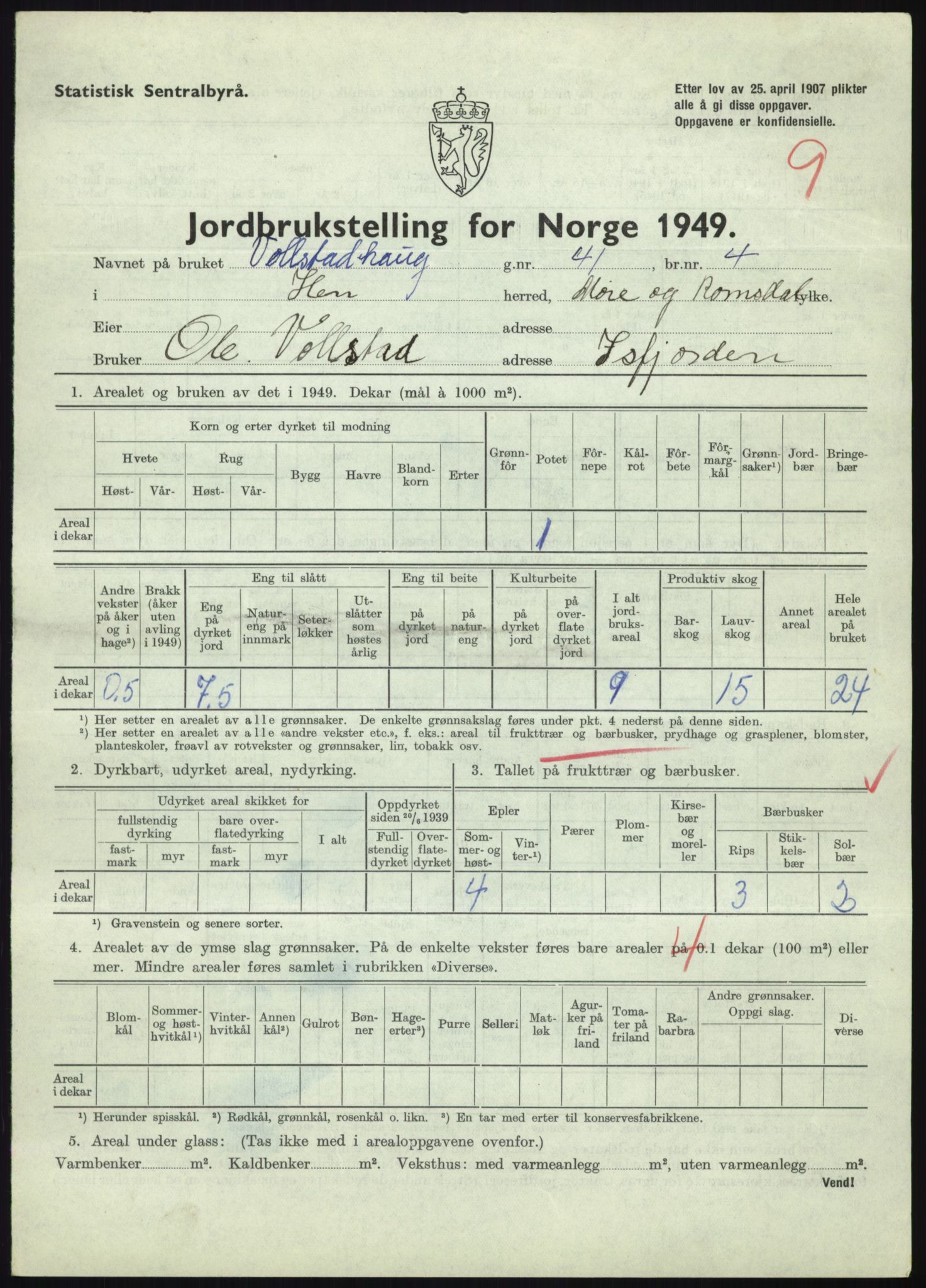 Statistisk sentralbyrå, Næringsøkonomiske emner, Jordbruk, skogbruk, jakt, fiske og fangst, AV/RA-S-2234/G/Gc/L0323: Møre og Romsdal: Grytten og Hen, 1949, p. 527