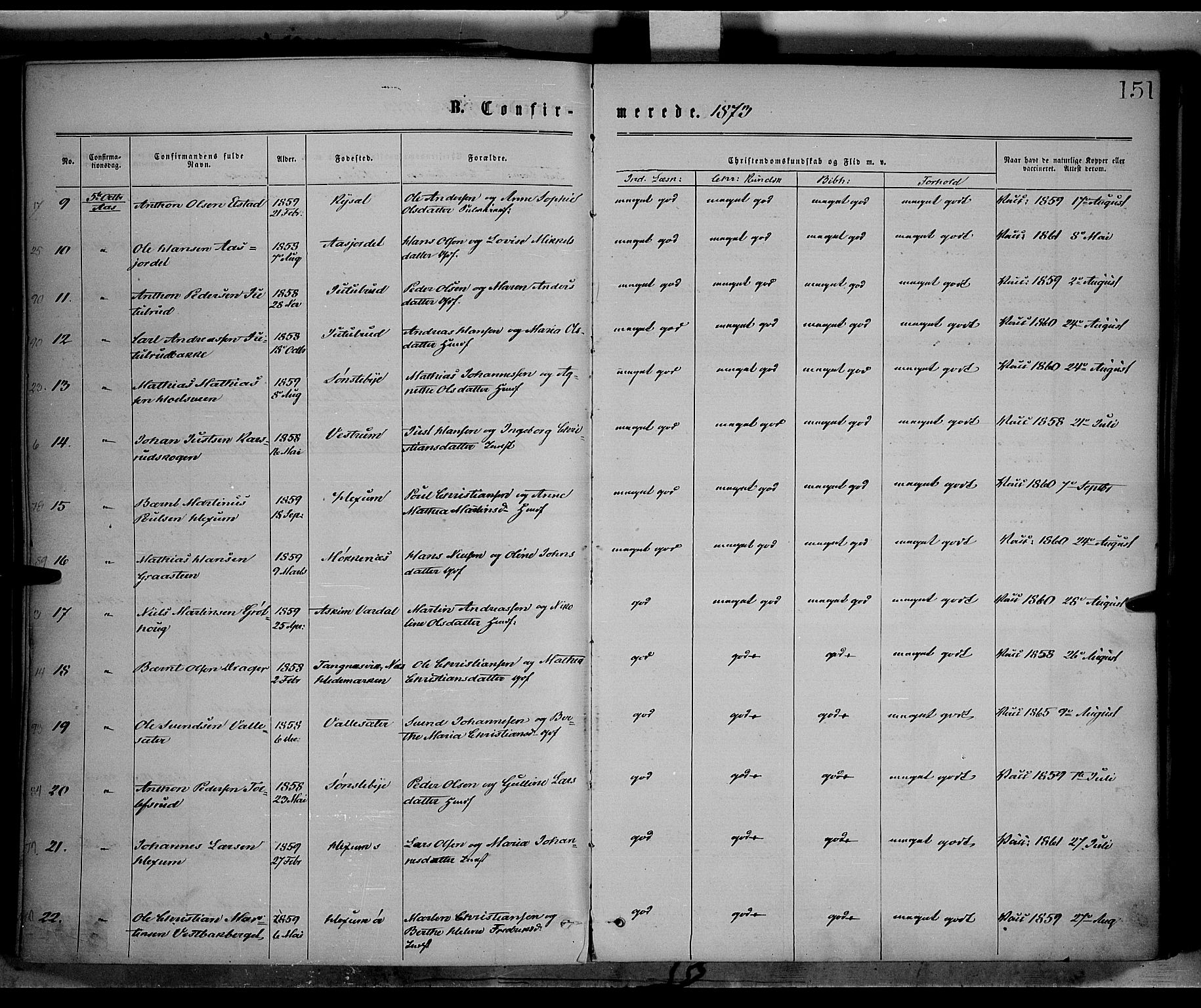 Vestre Toten prestekontor, AV/SAH-PREST-108/H/Ha/Haa/L0008: Parish register (official) no. 8, 1870-1877, p. 151