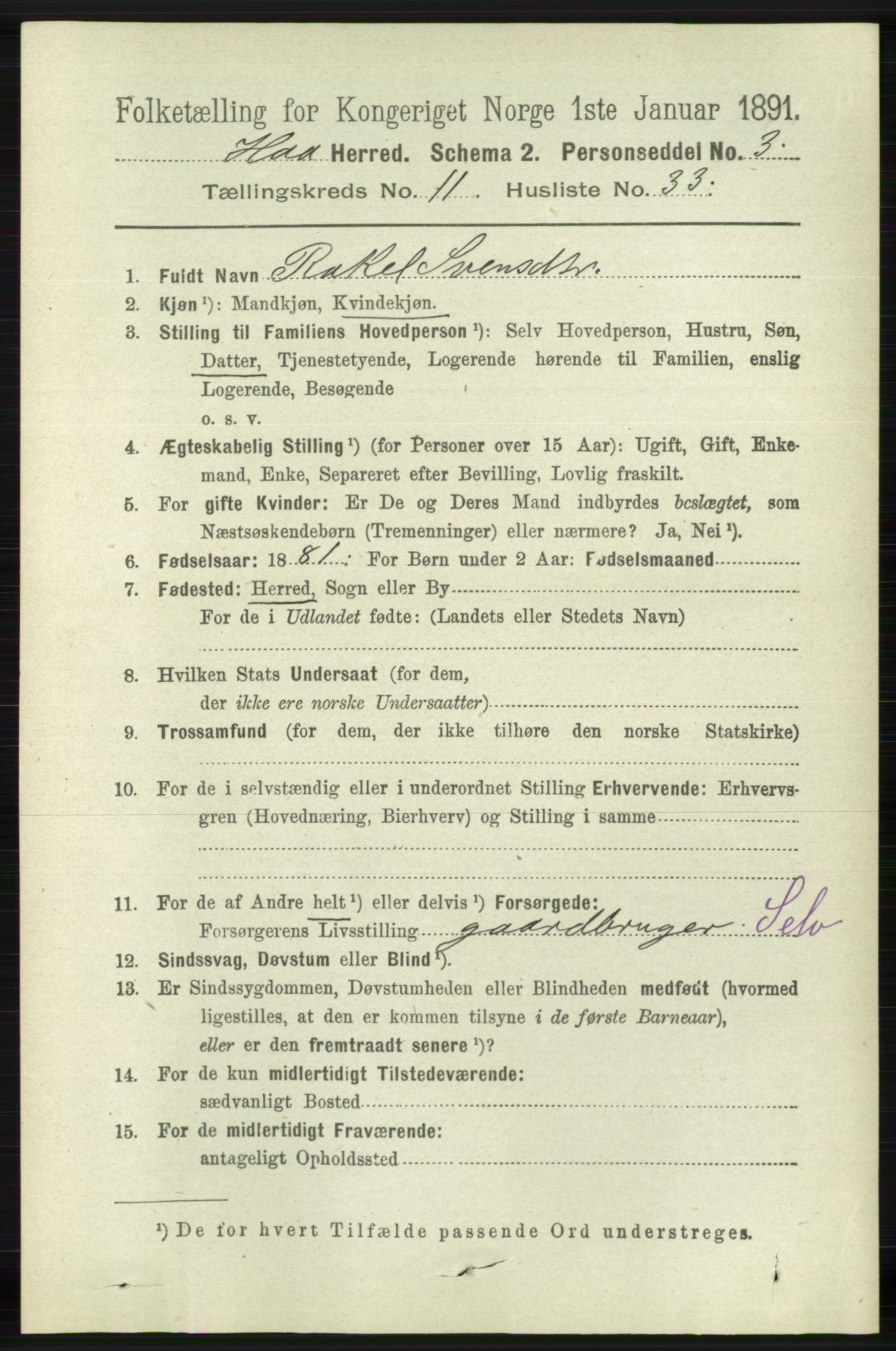 RA, 1891 census for 1119 Hå, 1891, p. 2833