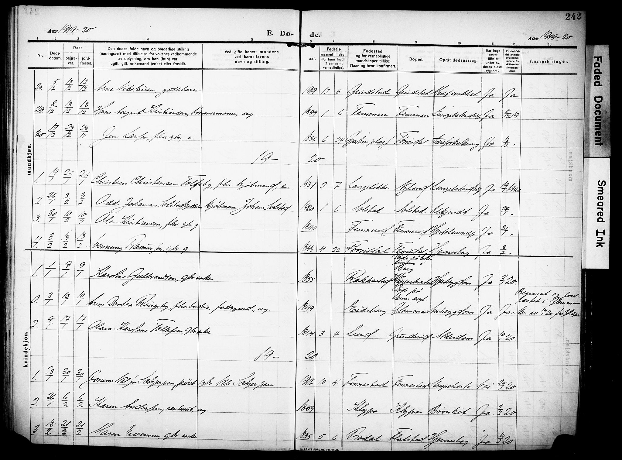 Rakkestad prestekontor Kirkebøker, AV/SAO-A-2008/F/Fa/L0015: Parish register (official) no. I 15, 1909-1922, p. 242