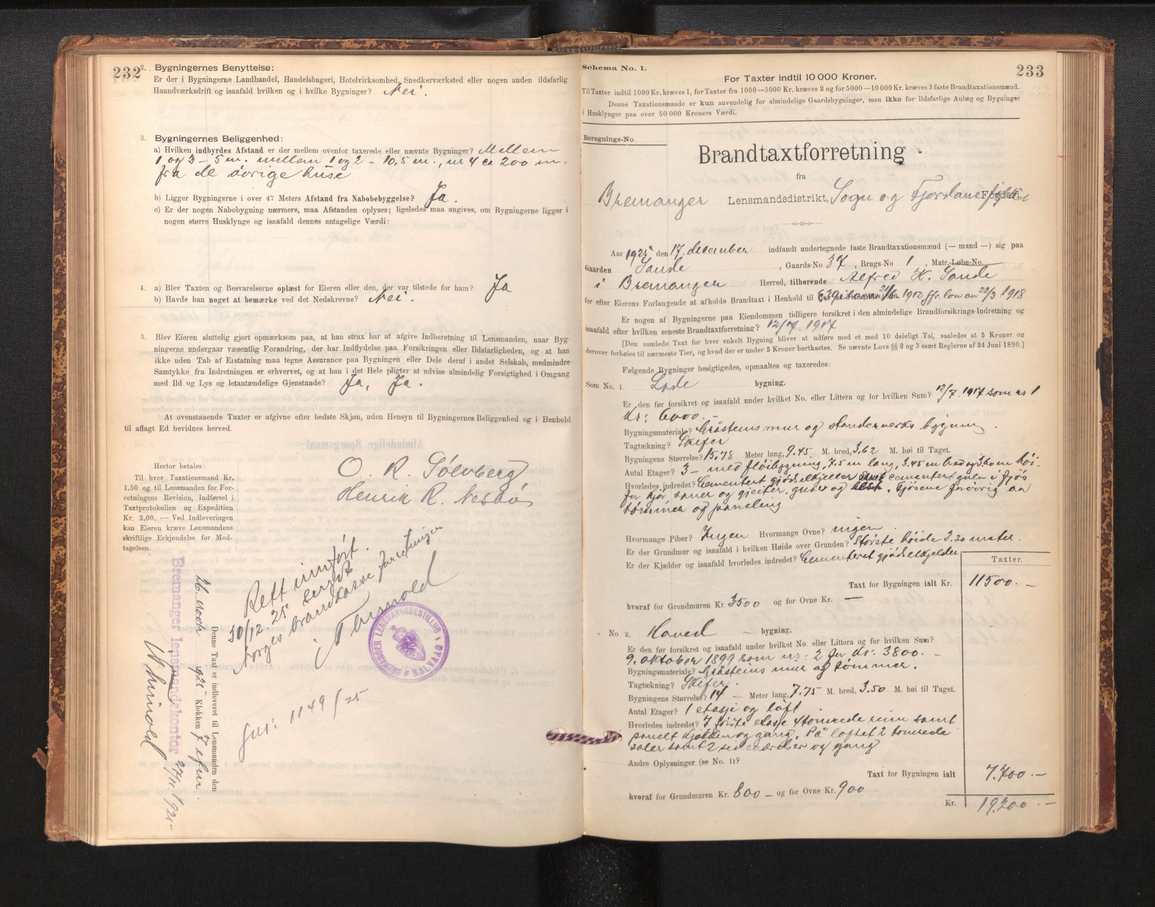 Lensmannen i Bremanger, AV/SAB-A-26701/0012/L0007: Branntakstprotokoll, skjematakst, 1895-1936, p. 232-233