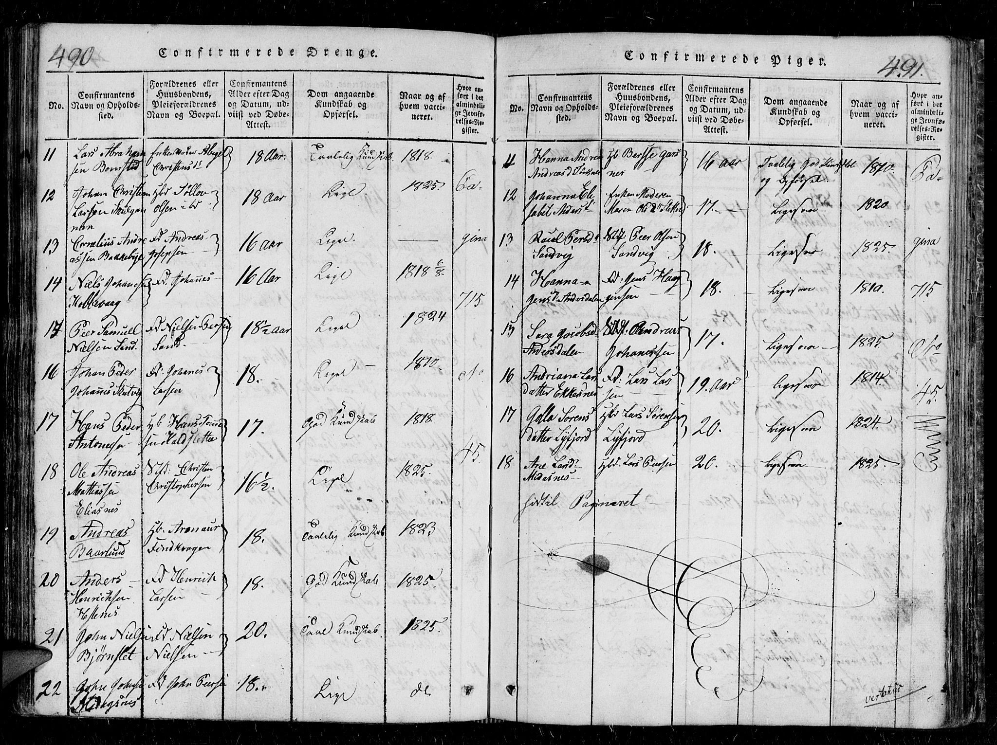 Tromsø sokneprestkontor/stiftsprosti/domprosti, SATØ/S-1343/G/Gb/L0001klokker: Parish register (copy) no. 1, 1821-1833, p. 490-491