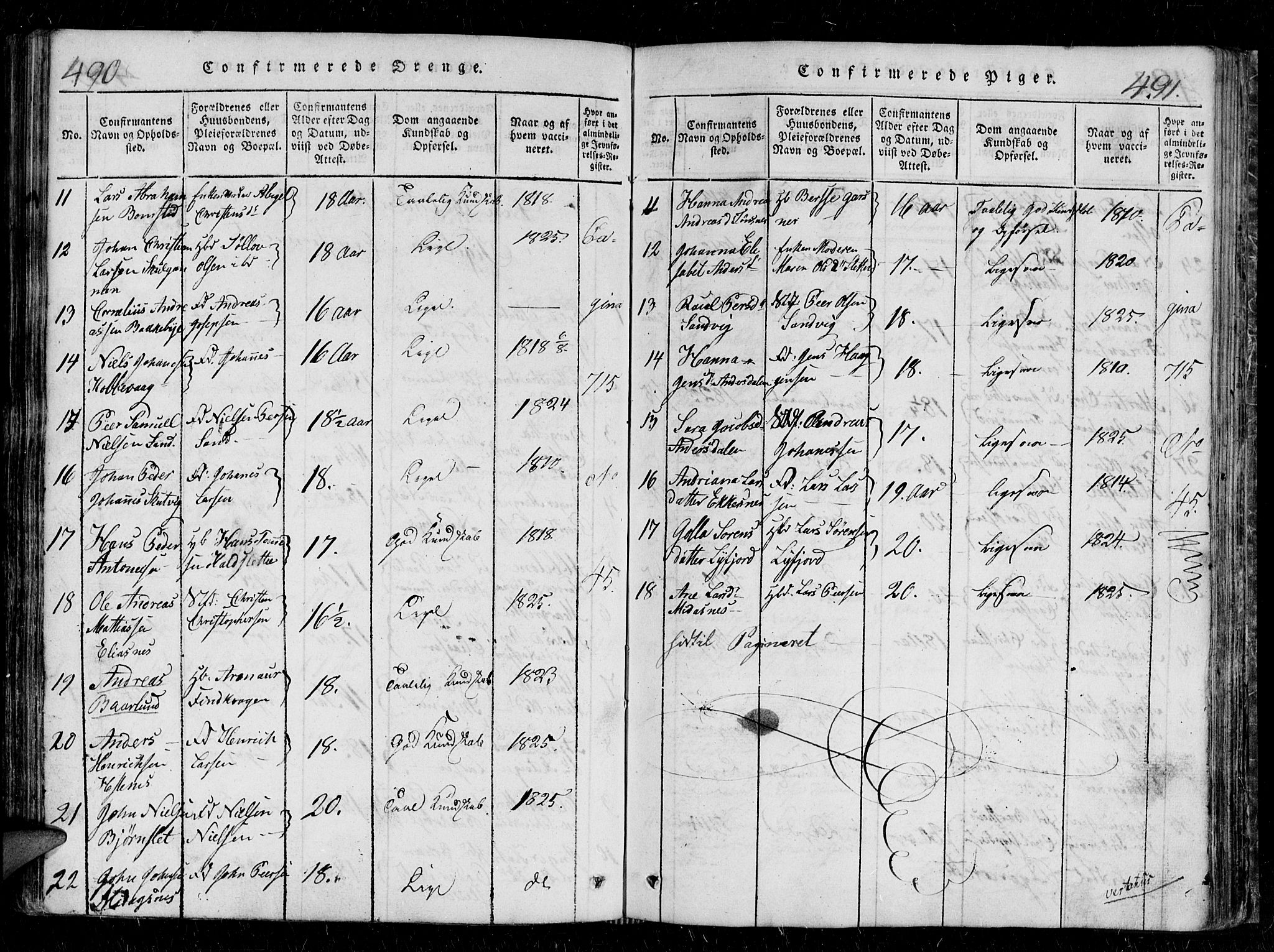 Tromsø sokneprestkontor/stiftsprosti/domprosti, AV/SATØ-S-1343/G/Gb/L0001klokker: Parish register (copy) no. 1, 1821-1833, p. 490-491