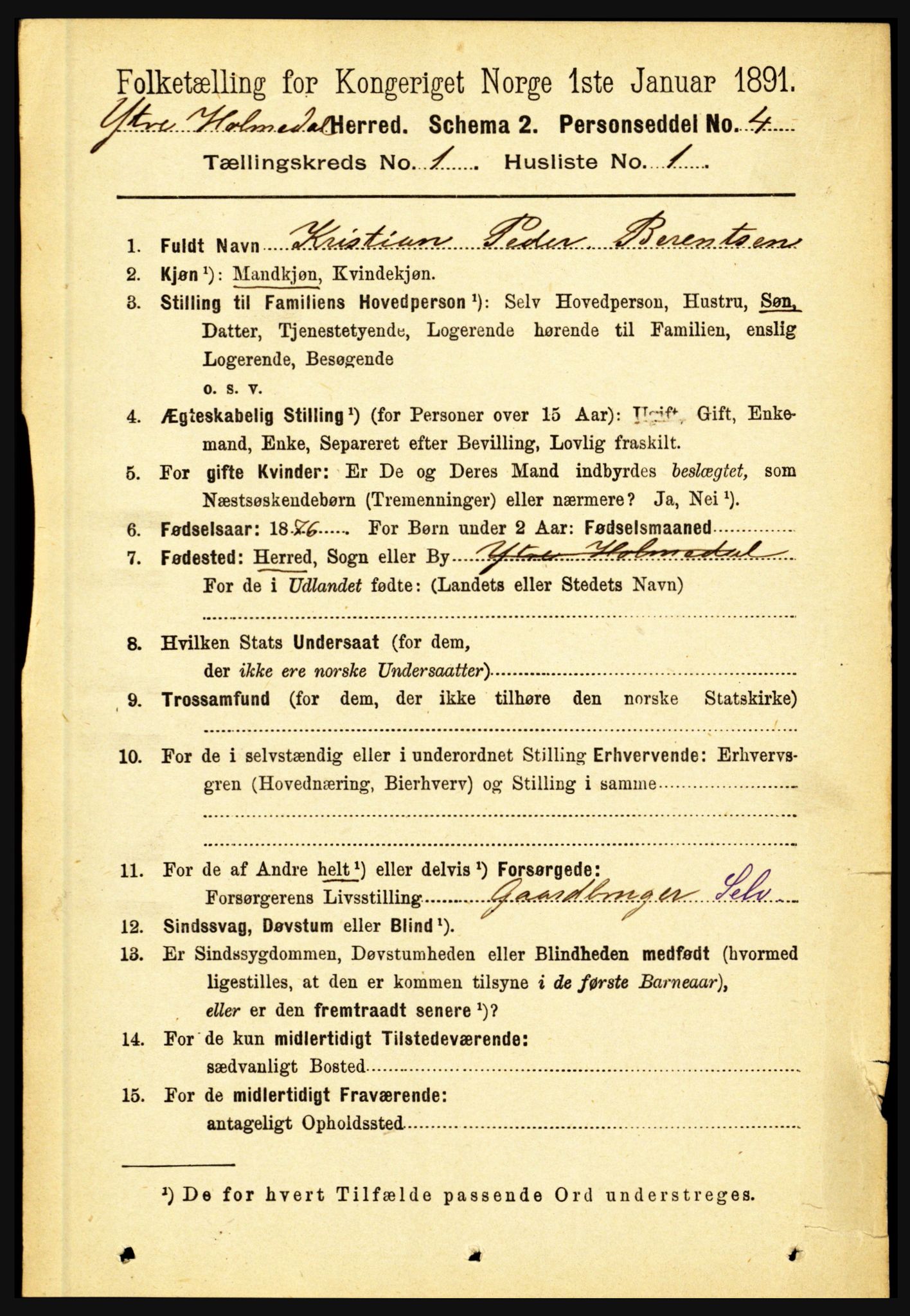 RA, 1891 census for 1429 Ytre Holmedal, 1891, p. 86