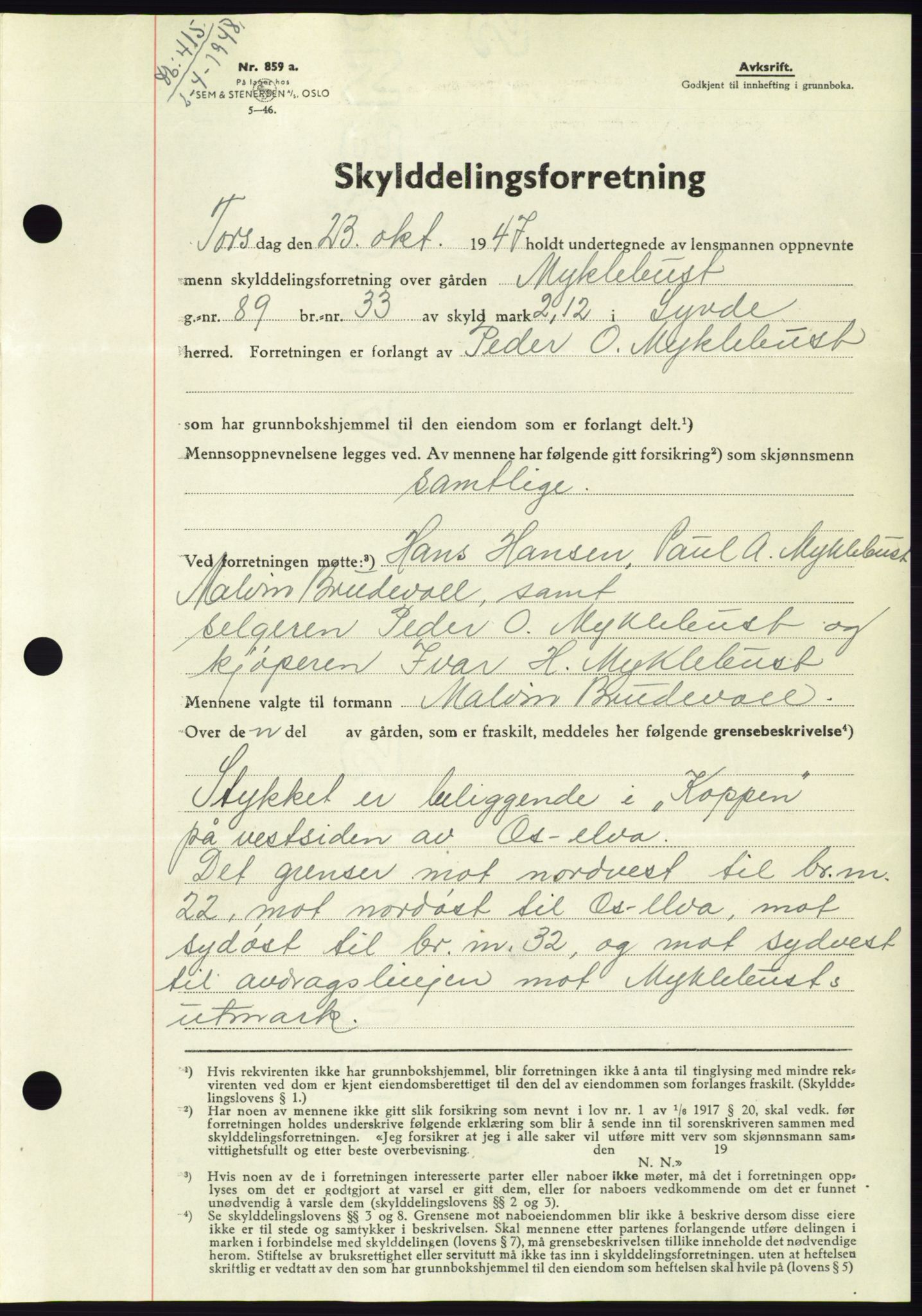 Søre Sunnmøre sorenskriveri, AV/SAT-A-4122/1/2/2C/L0082: Mortgage book no. 8A, 1948-1948, Diary no: : 415/1948