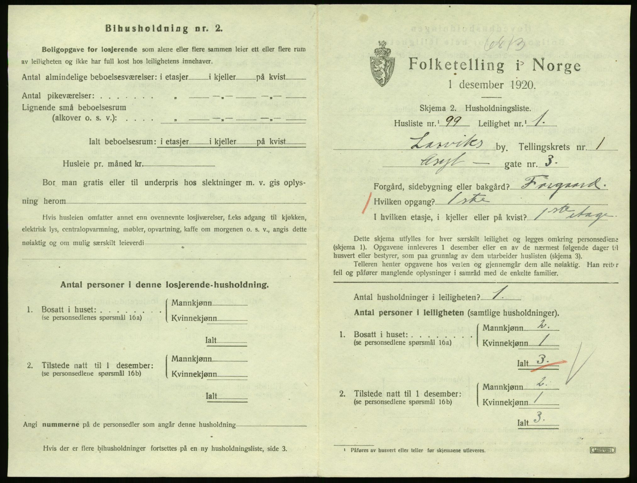 SAKO, 1920 census for Larvik, 1920, p. 3384