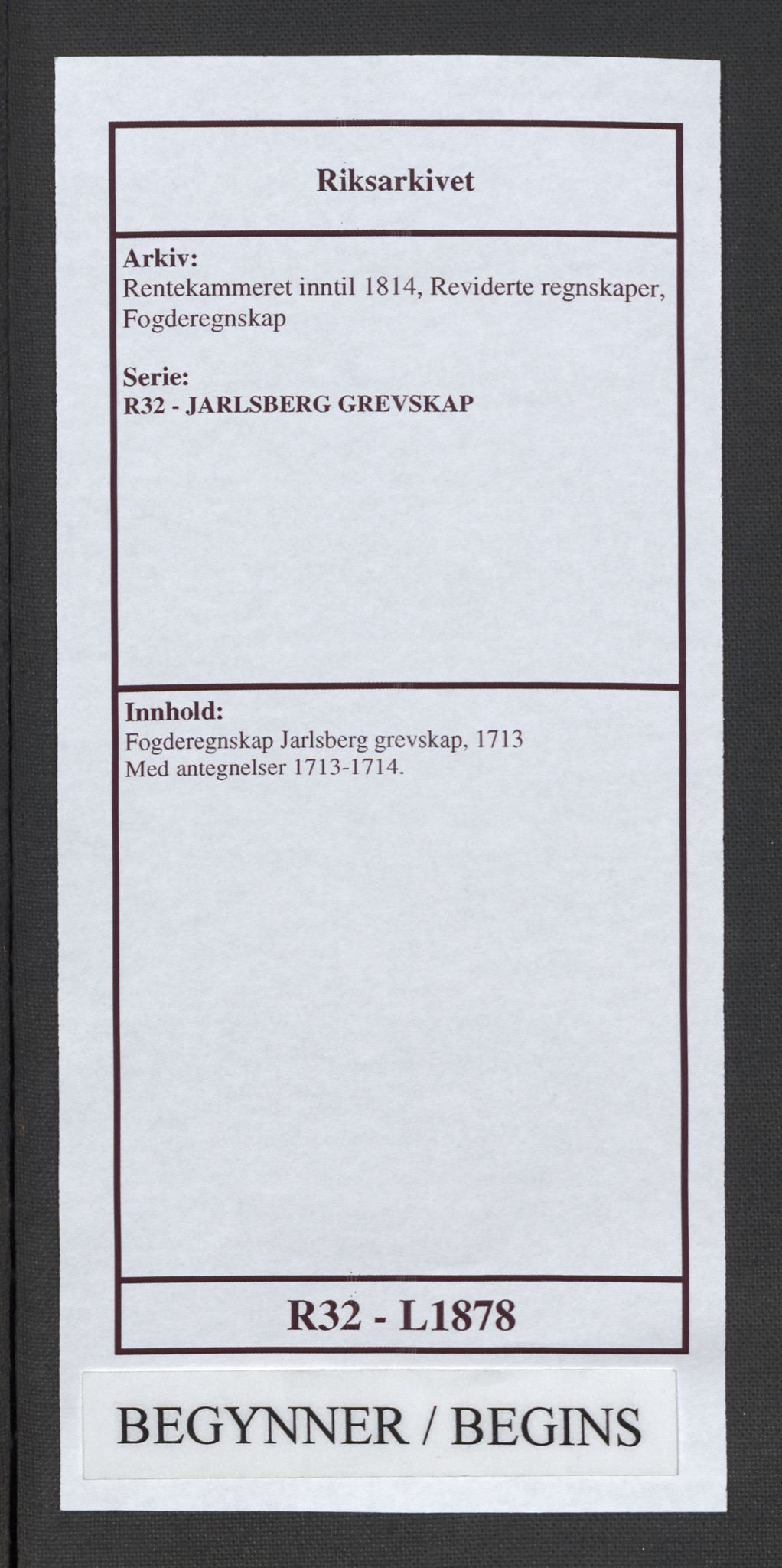 Rentekammeret inntil 1814, Reviderte regnskaper, Fogderegnskap, RA/EA-4092/R32/L1878: Fogderegnskap Jarlsberg grevskap, 1713, p. 1