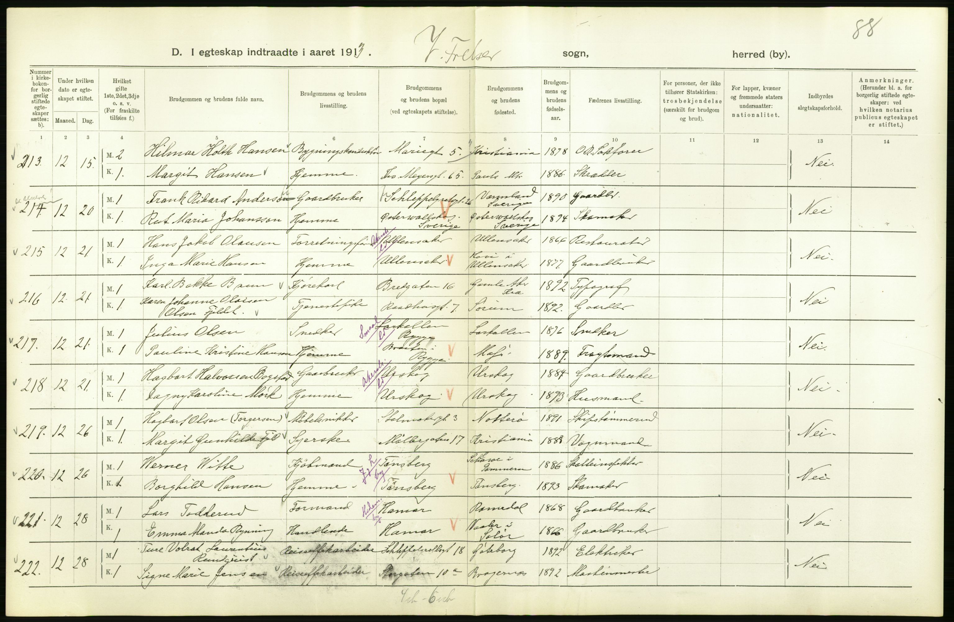 Statistisk sentralbyrå, Sosiodemografiske emner, Befolkning, AV/RA-S-2228/D/Df/Dfb/Dfbc/L0008: Kristiania: Gifte., 1913, p. 774