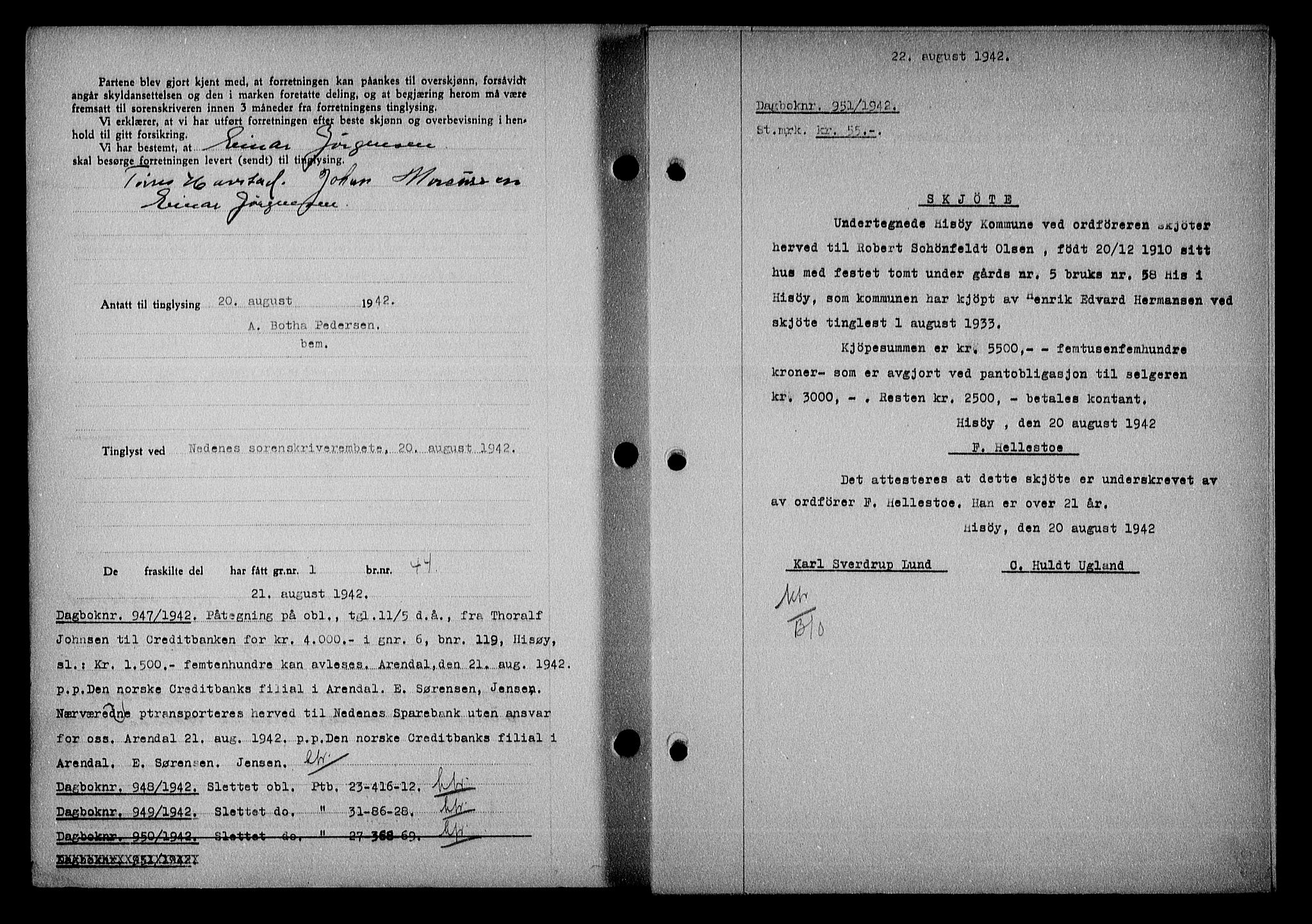Nedenes sorenskriveri, SAK/1221-0006/G/Gb/Gba/L0049: Mortgage book no. A-III, 1941-1942, Diary no: : 951/1942
