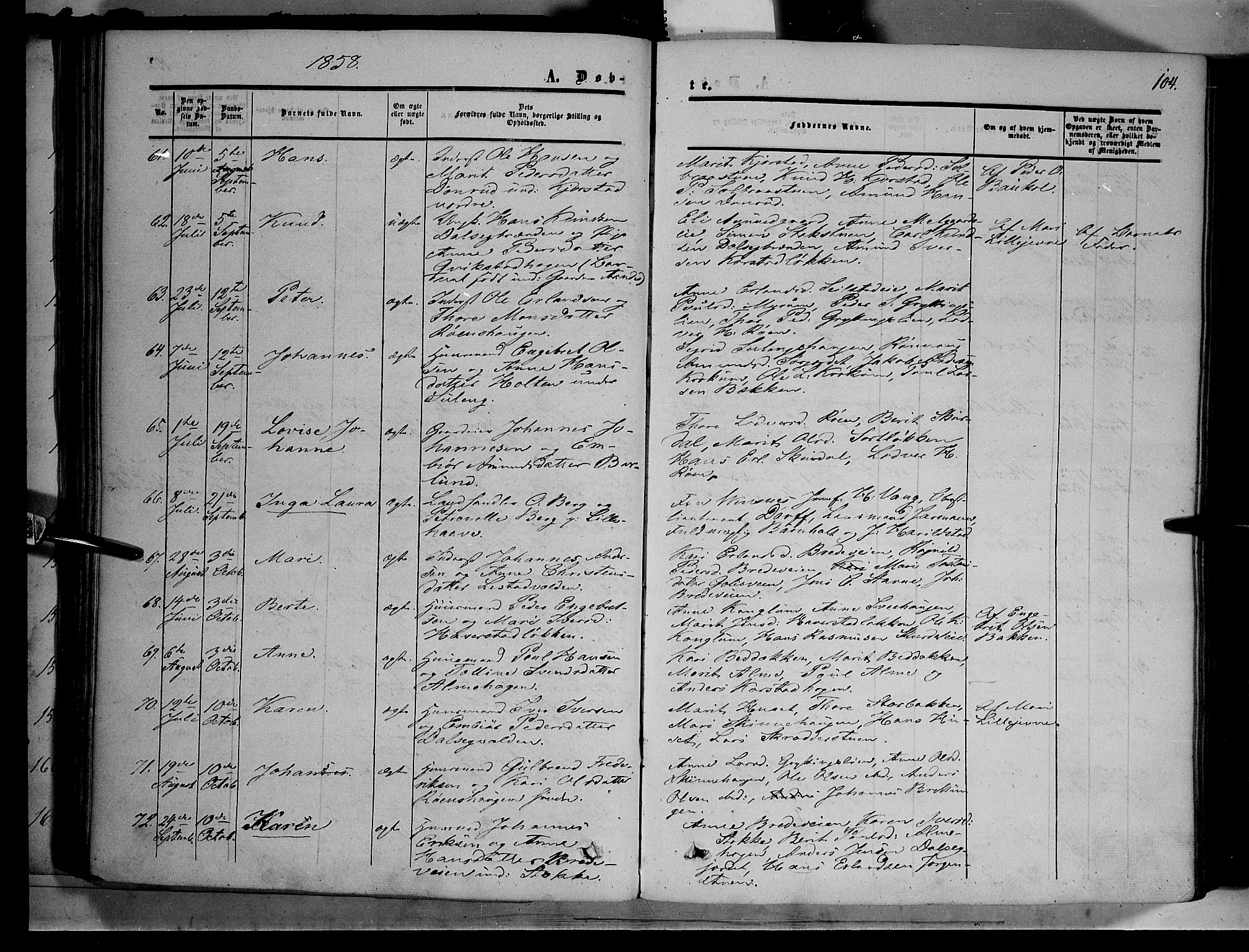 Sør-Fron prestekontor, AV/SAH-PREST-010/H/Ha/Haa/L0001: Parish register (official) no. 1, 1849-1863, p. 104