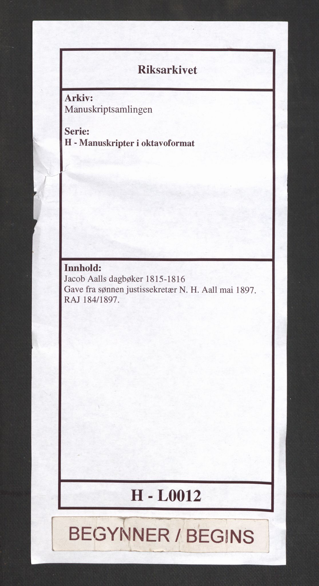Manuskriptsamlingen, RA/EA-3667/H/L0012: Jacob Aalls dagbøker 1815-1816, 1815-1816, p. 1