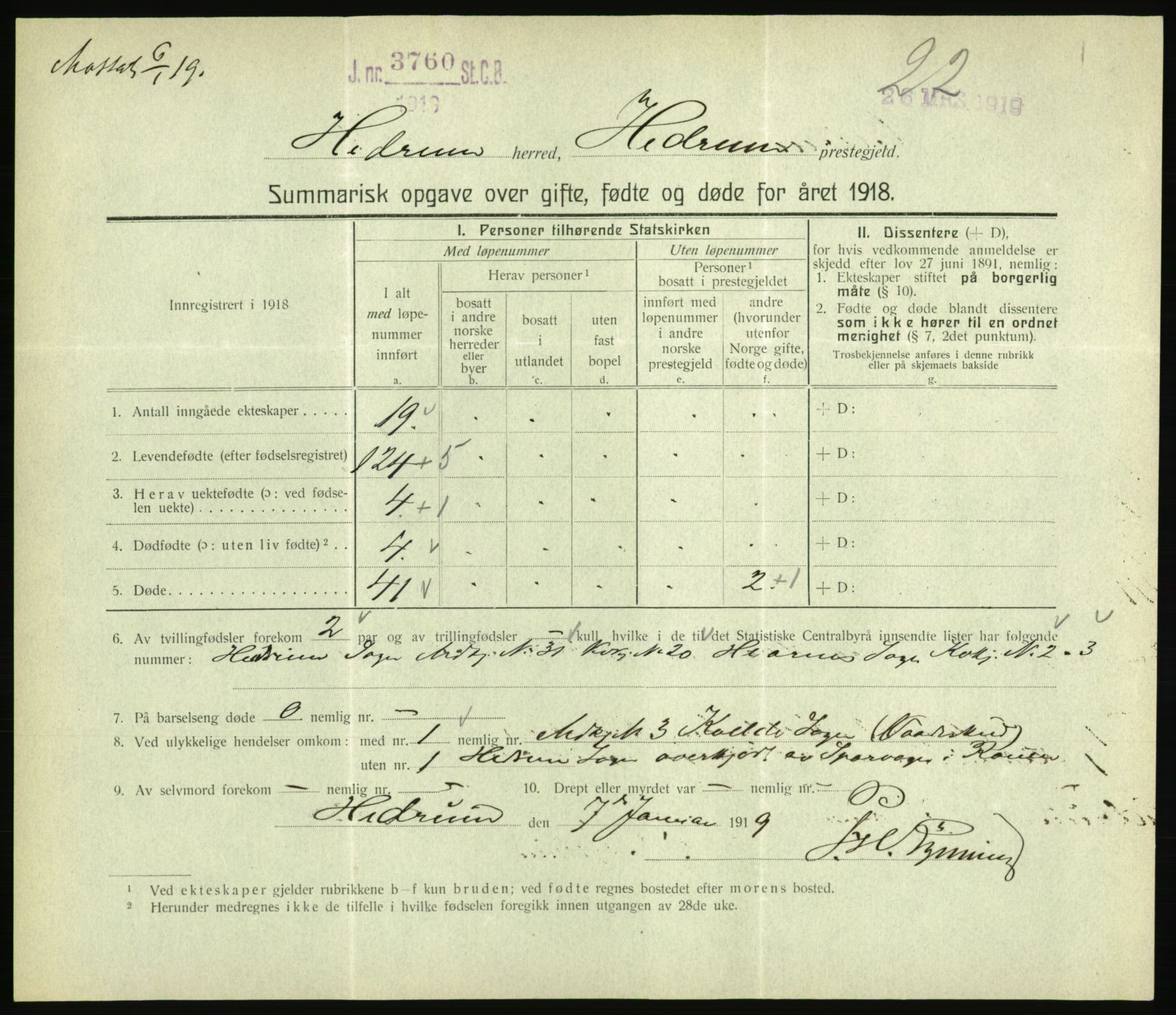 Statistisk sentralbyrå, Sosiodemografiske emner, Befolkning, RA/S-2228/D/Df/Dfb/Dfbh/L0059: Summariske oppgaver over gifte, fødte og døde for hele landet., 1918, p. 523