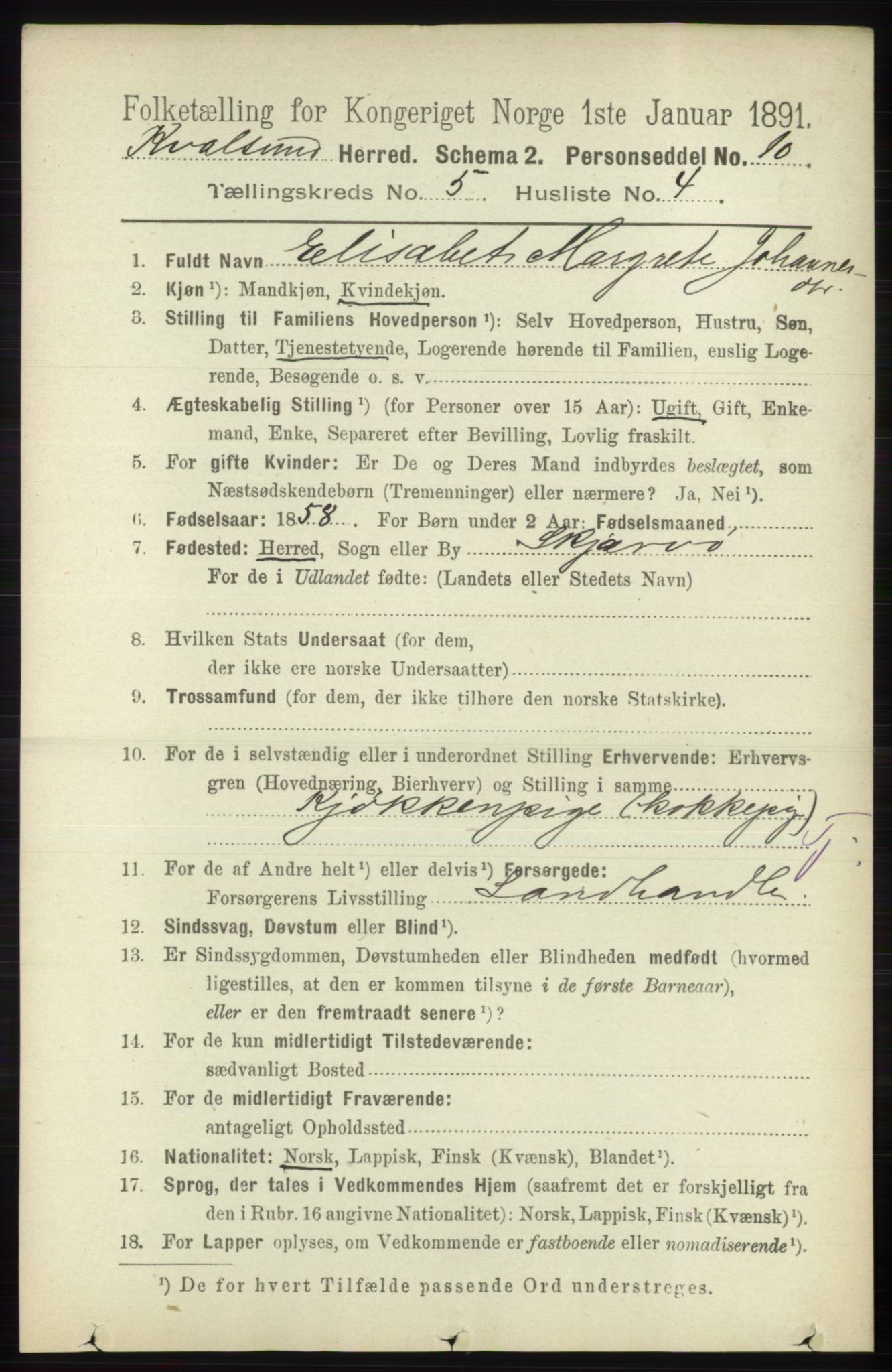 RA, 1891 census for 2017 Kvalsund, 1891, p. 539