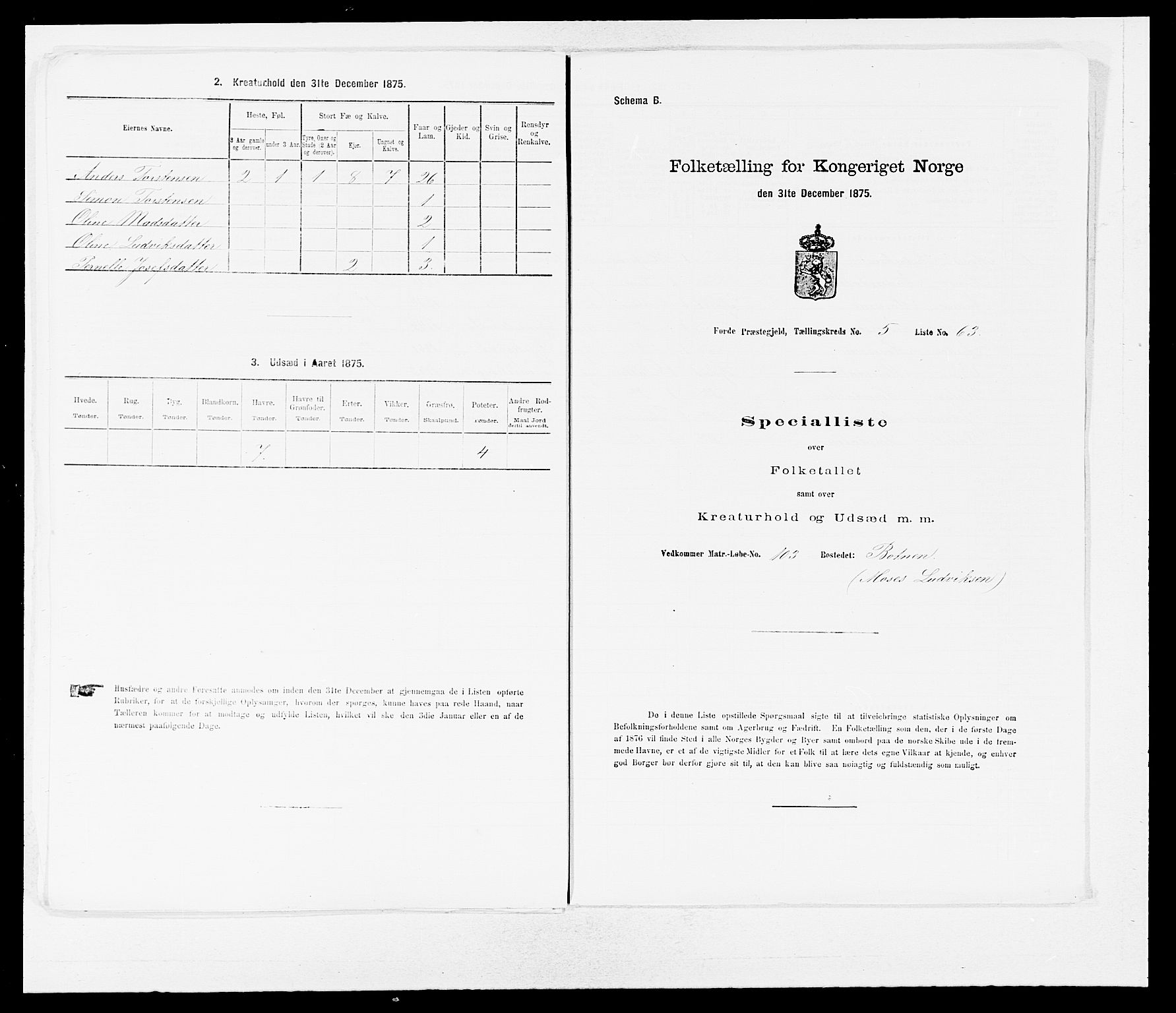 SAB, 1875 census for 1432P Førde, 1875, p. 604