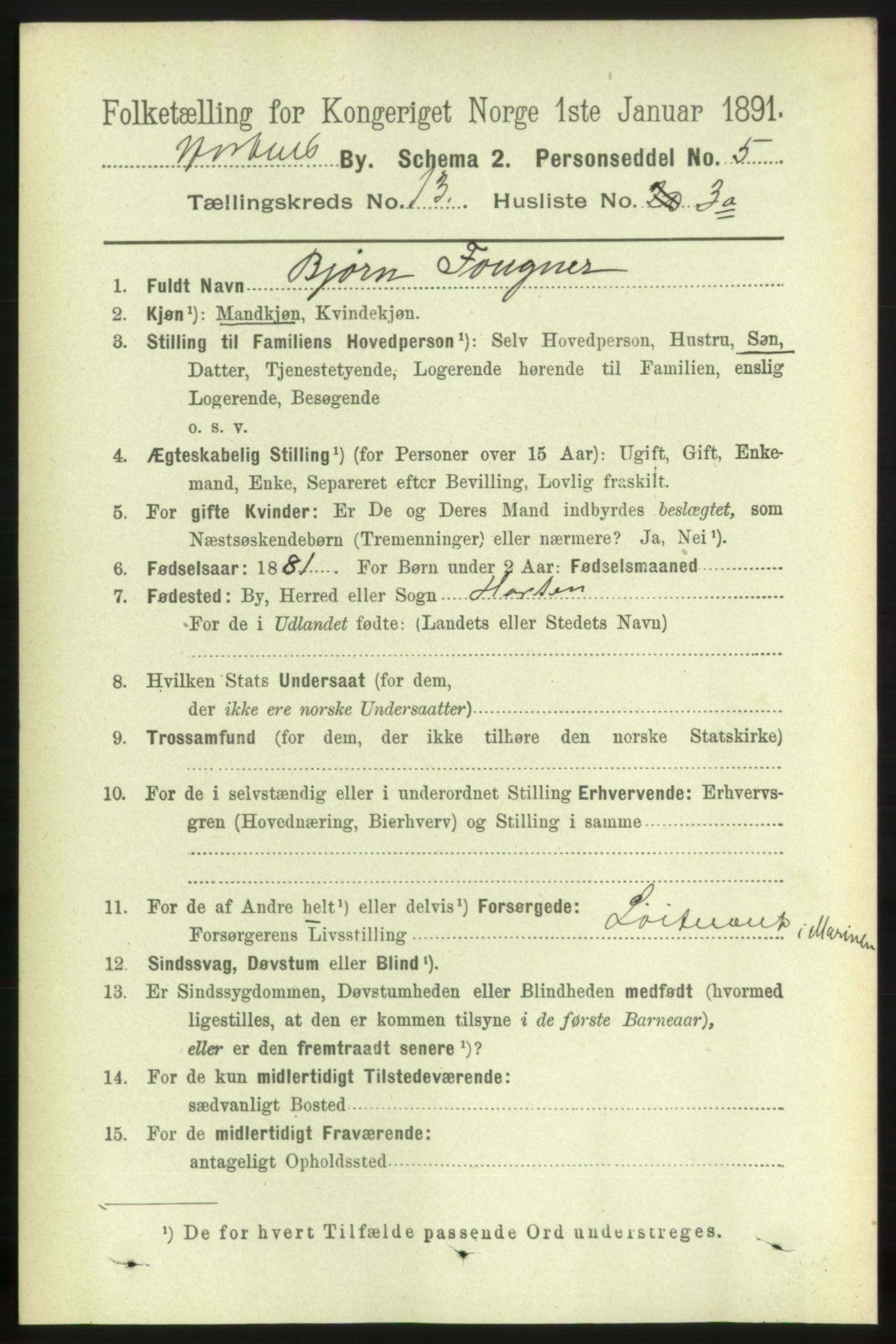 RA, 1891 census for 0703 Horten, 1891, p. 8000