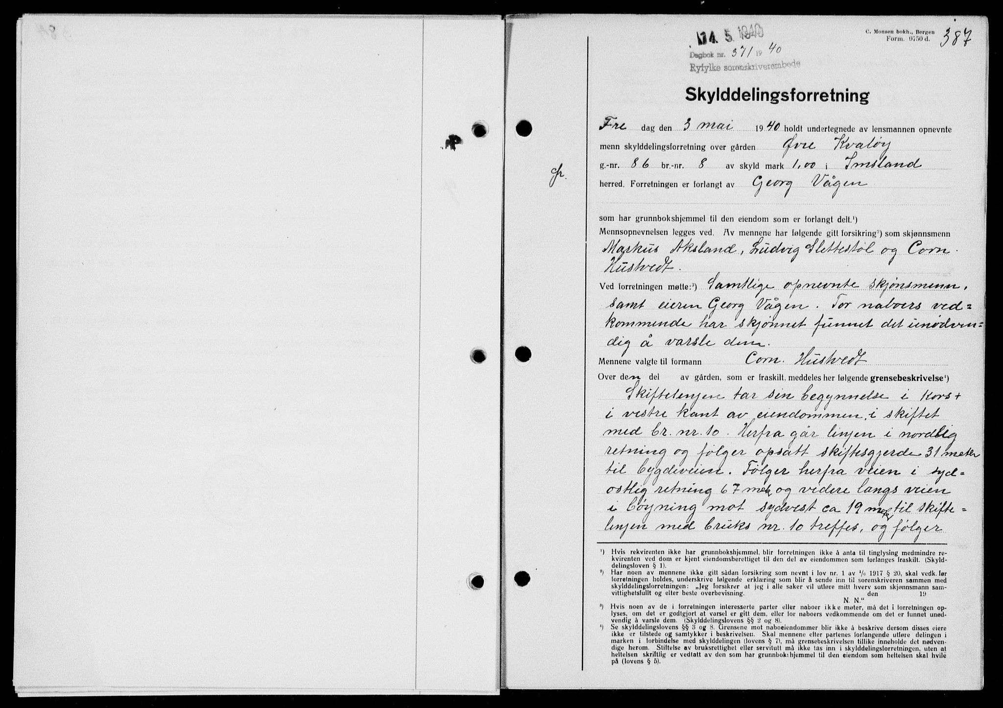 Ryfylke tingrett, SAST/A-100055/001/II/IIB/L0081: Mortgage book no. 60, 1939-1940, Diary no: : 371/1940