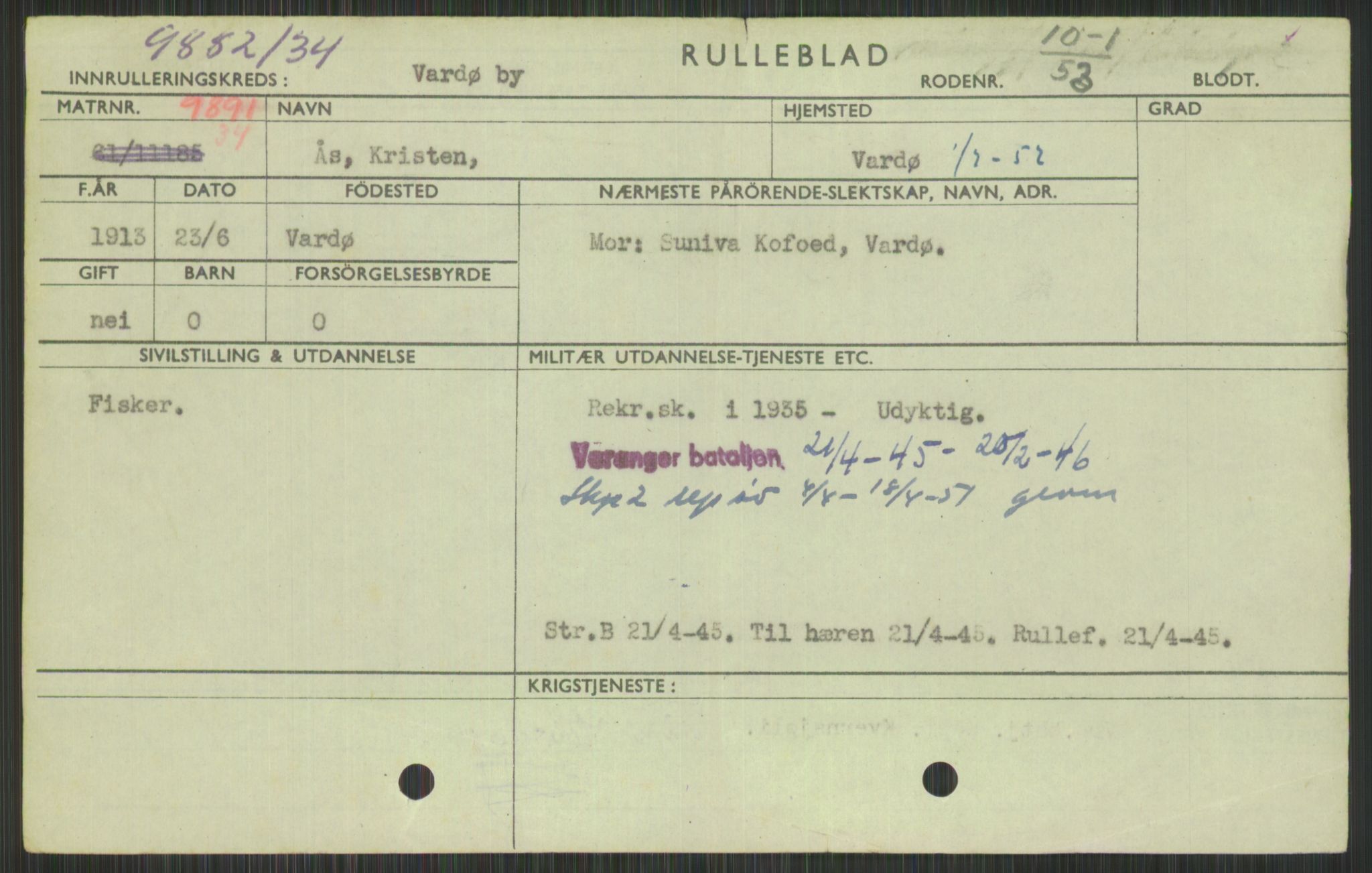 Forsvaret, Varanger bataljon, AV/RA-RAFA-2258/1/D/L0441: Rulleblad for fødte 1913-1917, 1913-1917, p. 297