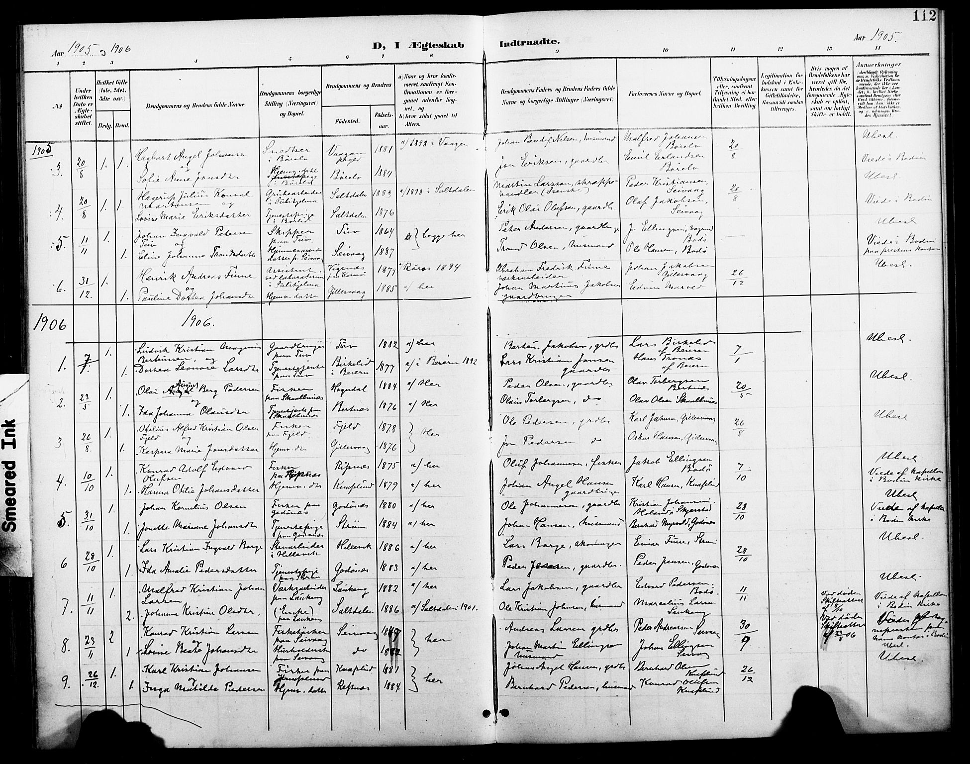 Ministerialprotokoller, klokkerbøker og fødselsregistre - Nordland, SAT/A-1459/804/L0088: Parish register (copy) no. 804C01, 1901-1917, p. 112
