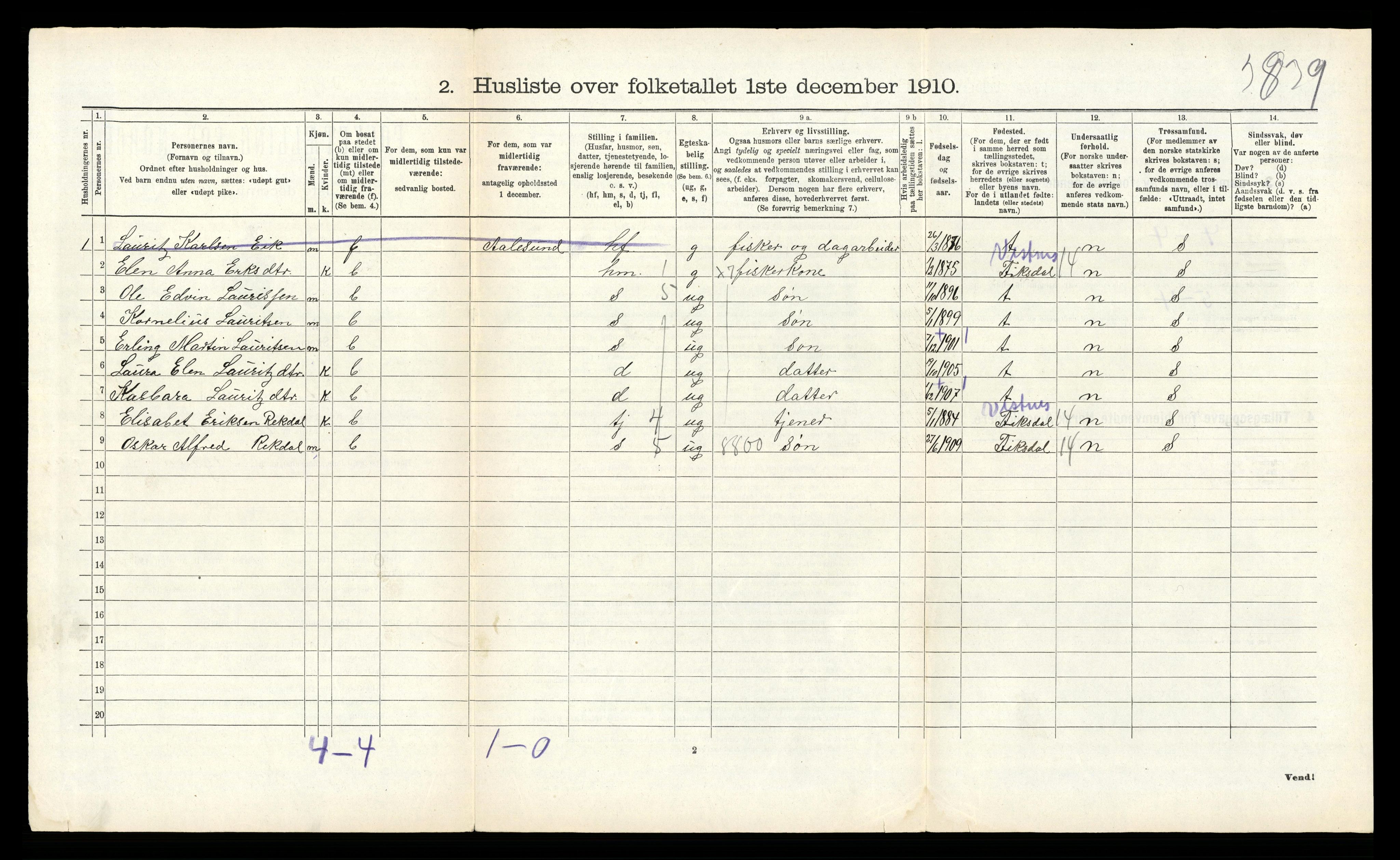 RA, 1910 census for Vatne, 1910, p. 508