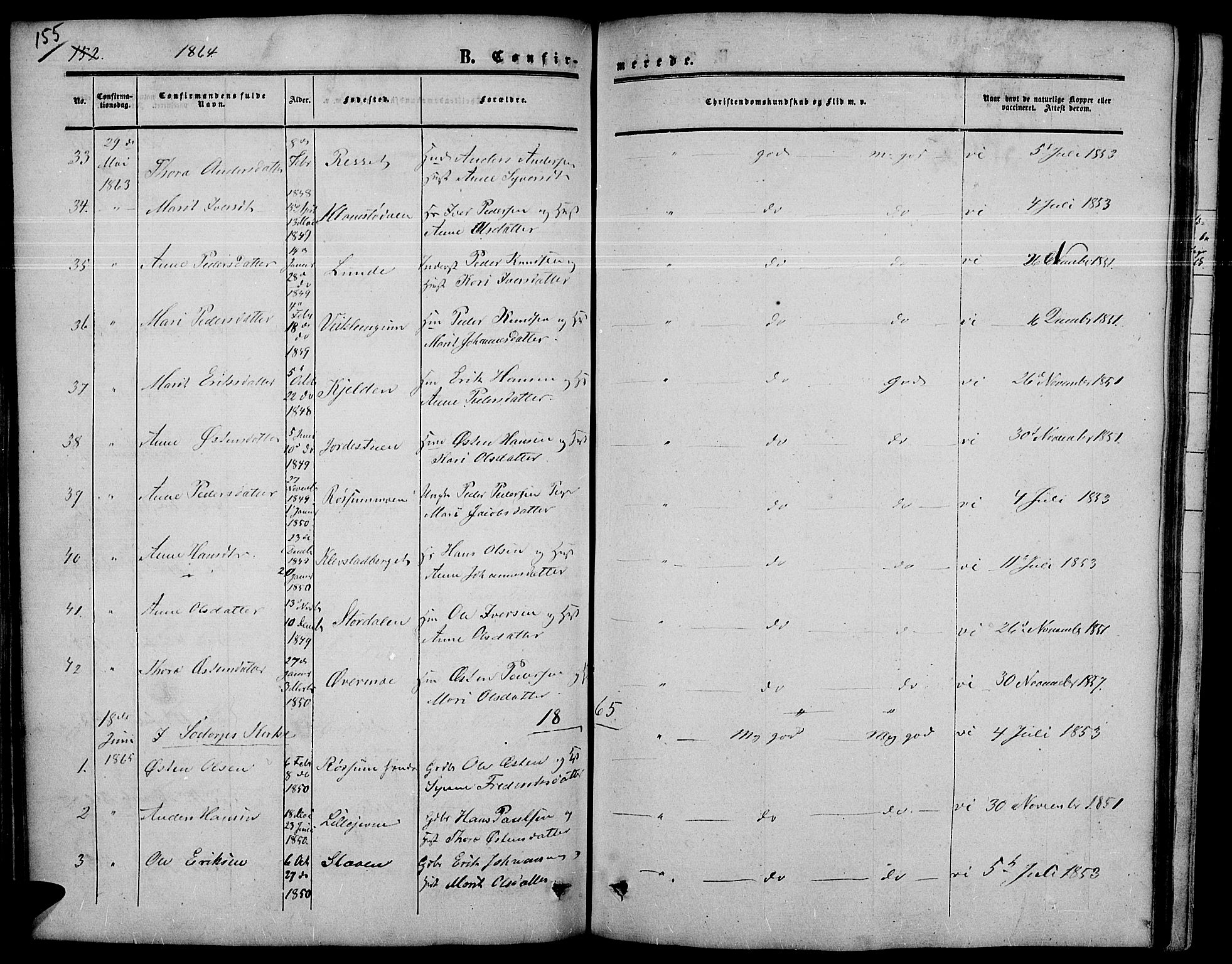 Nord-Fron prestekontor, SAH/PREST-080/H/Ha/Hab/L0003: Parish register (copy) no. 3, 1851-1886, p. 155