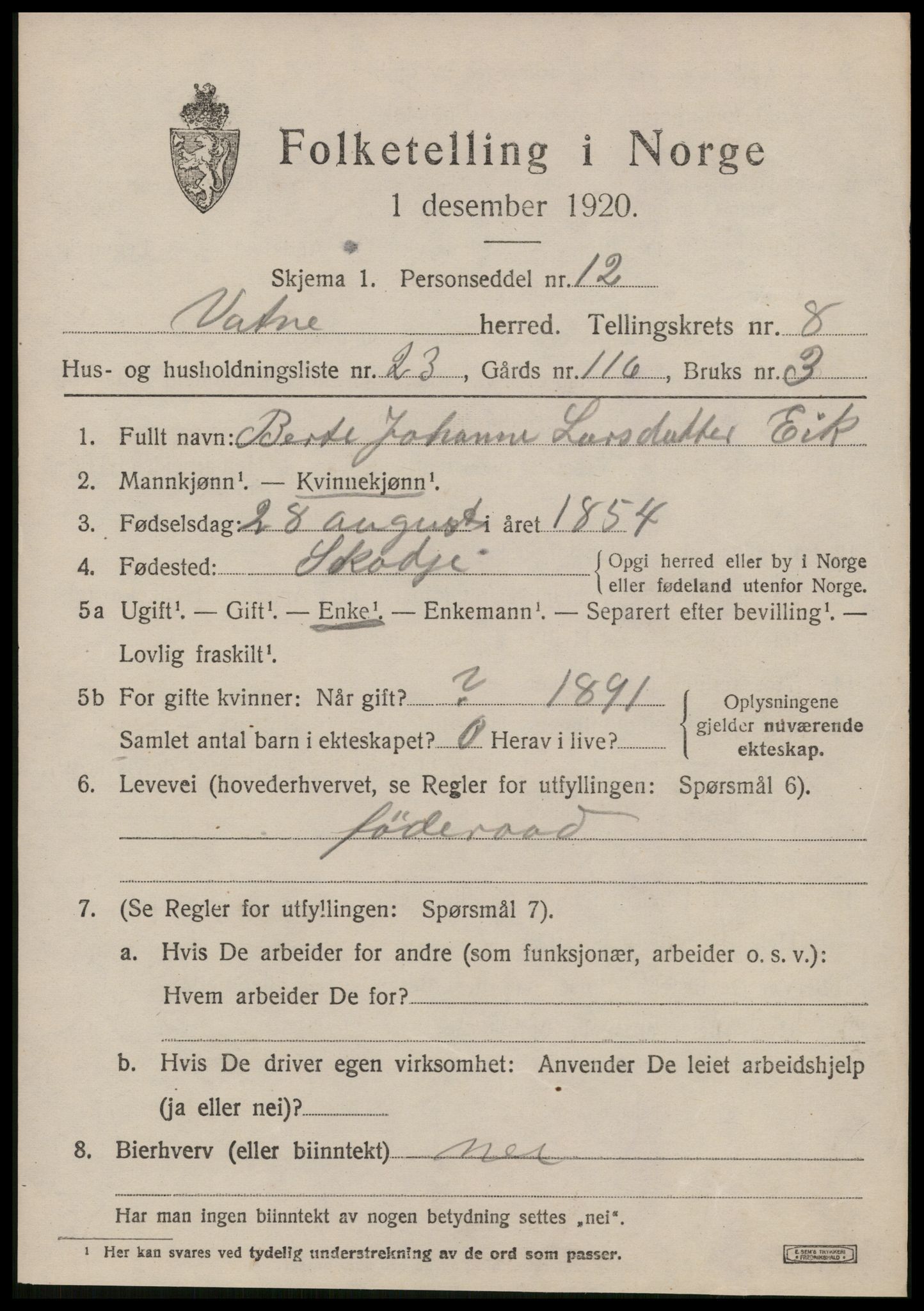 SAT, 1920 census for Vatne, 1920, p. 3662