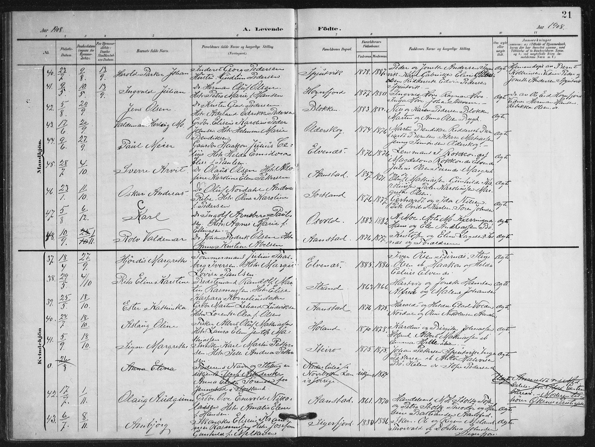 Ministerialprotokoller, klokkerbøker og fødselsregistre - Nordland, AV/SAT-A-1459/895/L1373: Parish register (official) no. 895A08, 1905-1915, p. 21