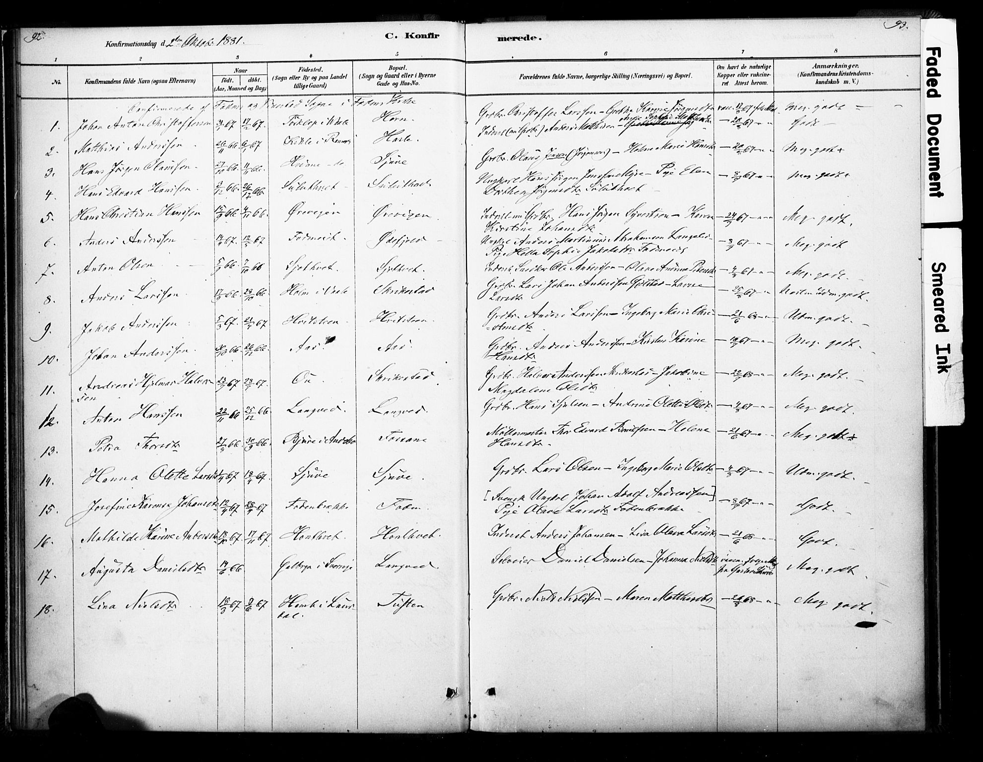 Ramnes kirkebøker, AV/SAKO-A-314/F/Fb/L0001: Parish register (official) no. II 1, 1878-1894, p. 92-93