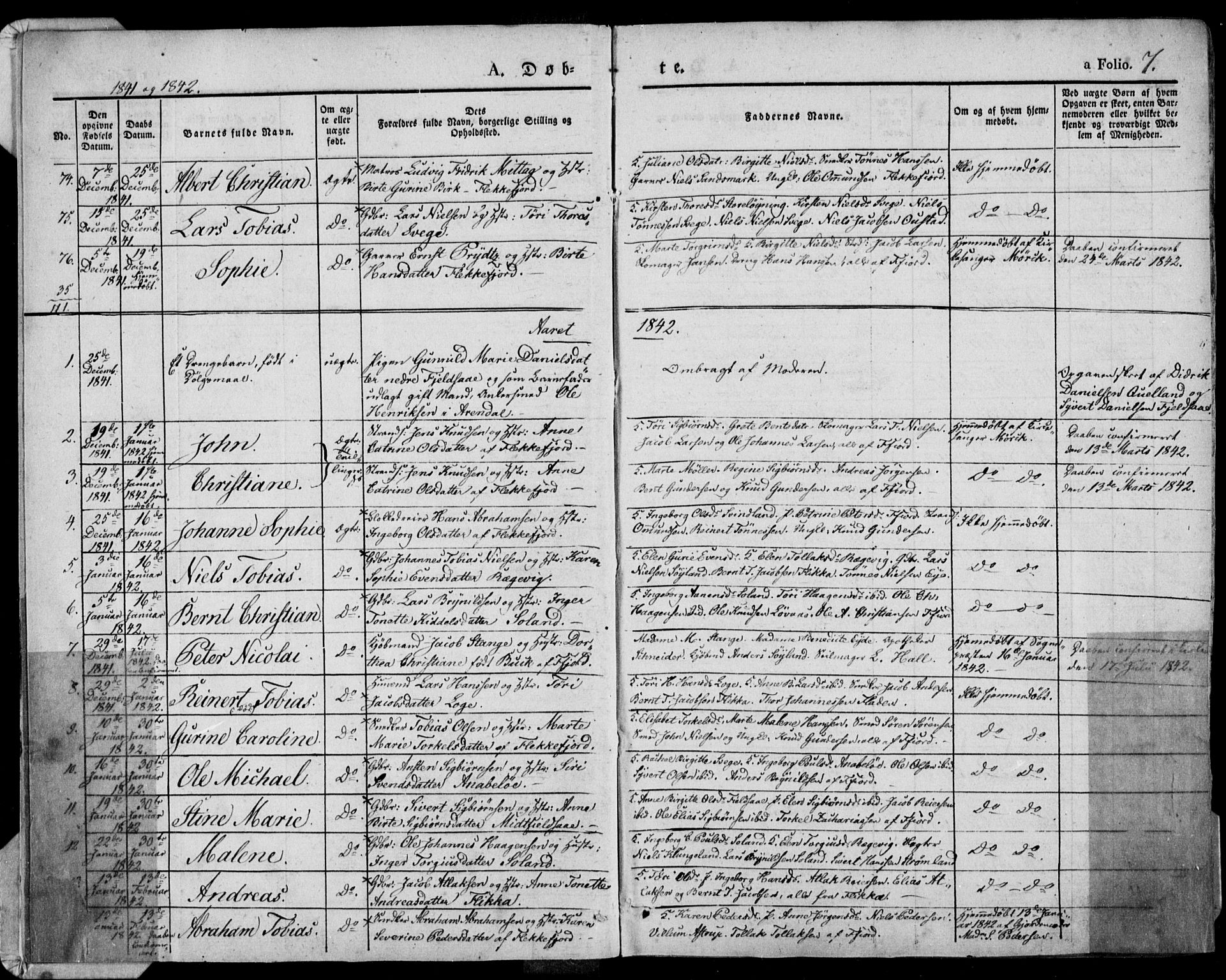 Flekkefjord sokneprestkontor, SAK/1111-0012/F/Fa/Fac/L0004: Parish register (official) no. A 4, 1841-1849, p. 7