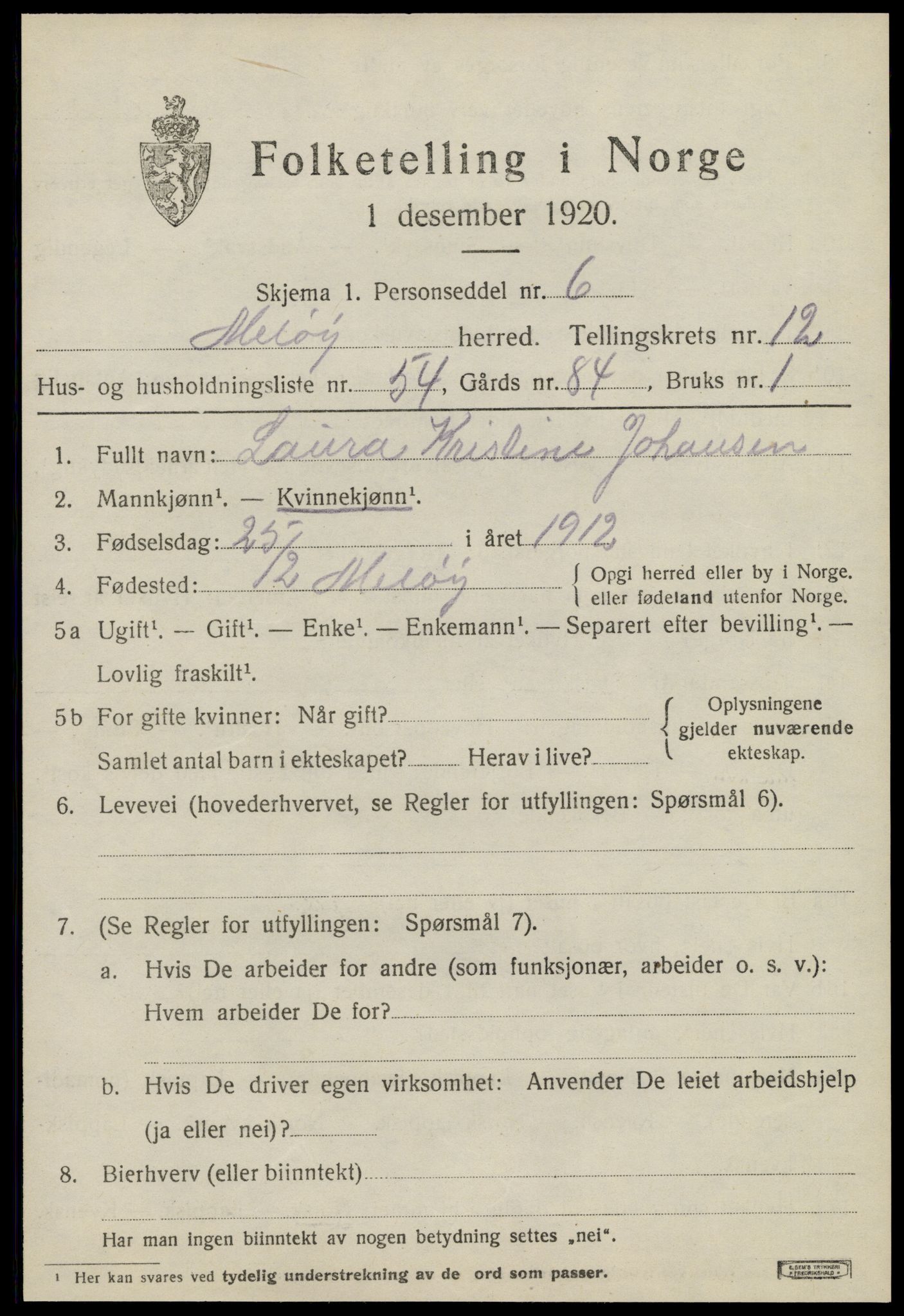 SAT, 1920 census for Meløy, 1920, p. 8317