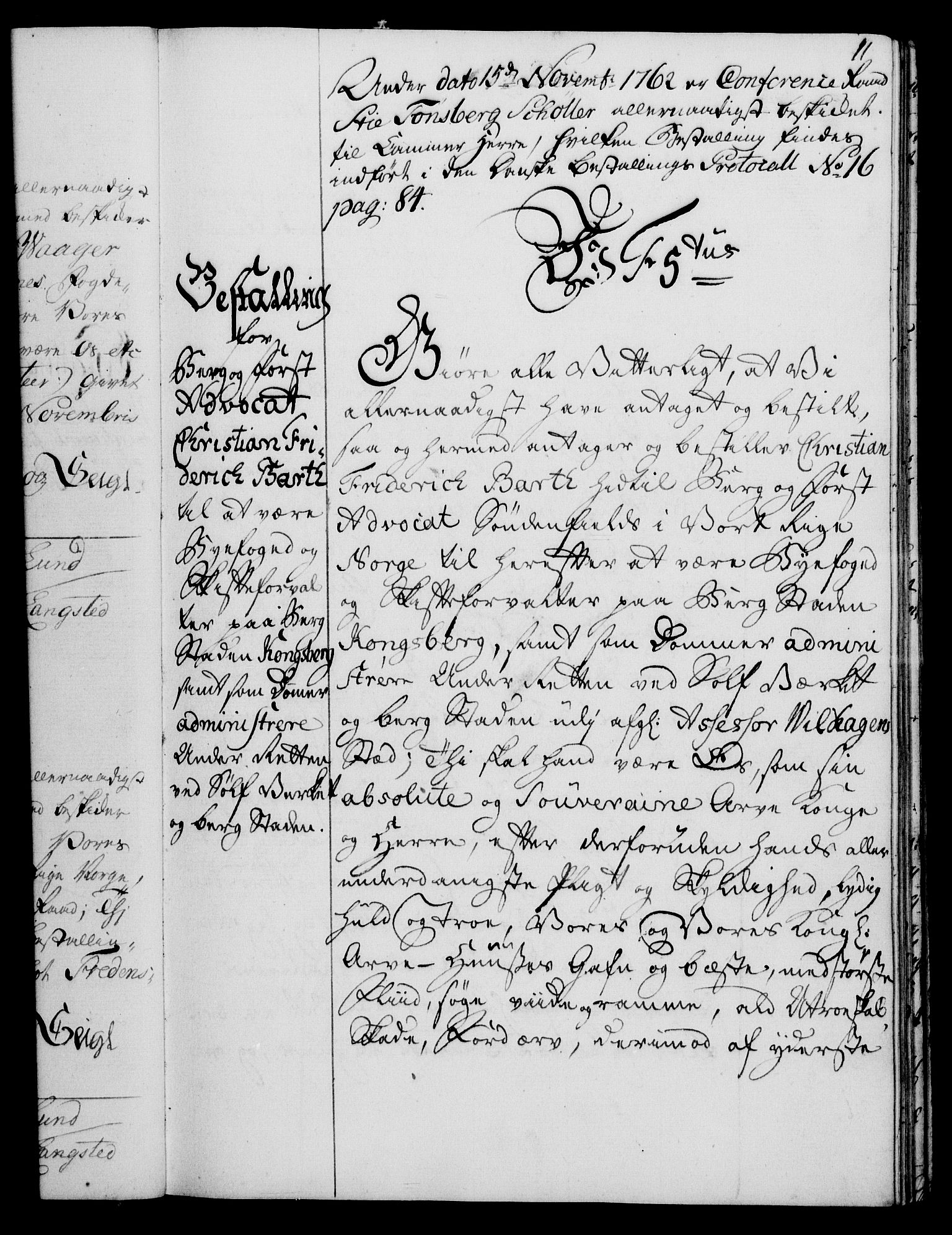 Rentekammeret, Kammerkanselliet, RA/EA-3111/G/Gg/Gge/L0004: Norsk bestallingsprotokoll med register (merket RK 53.28), 1762-1771, p. 11