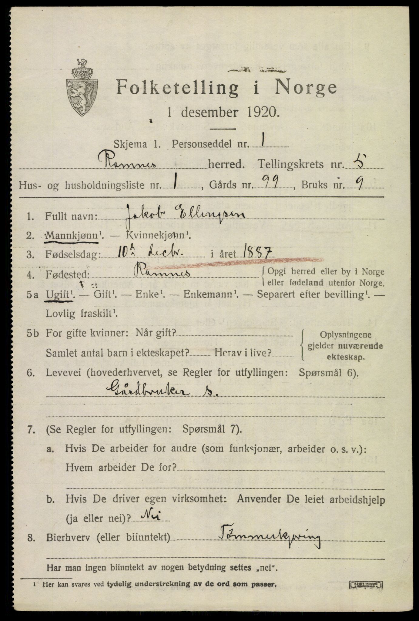 SAKO, 1920 census for Ramnes, 1920, p. 4974