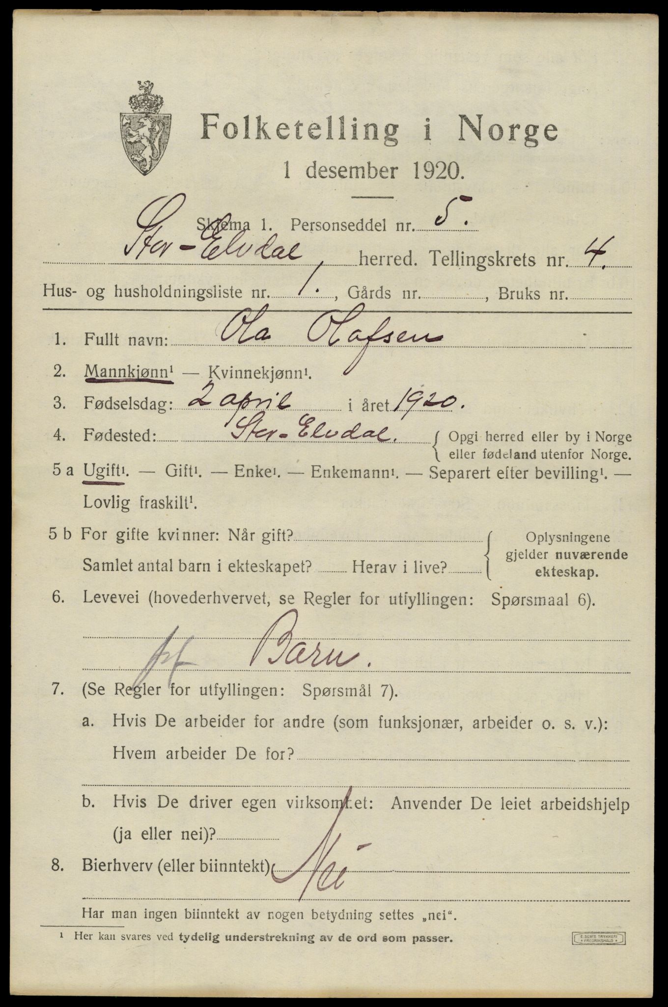 SAH, 1920 census for Stor-Elvdal, 1920, p. 3508