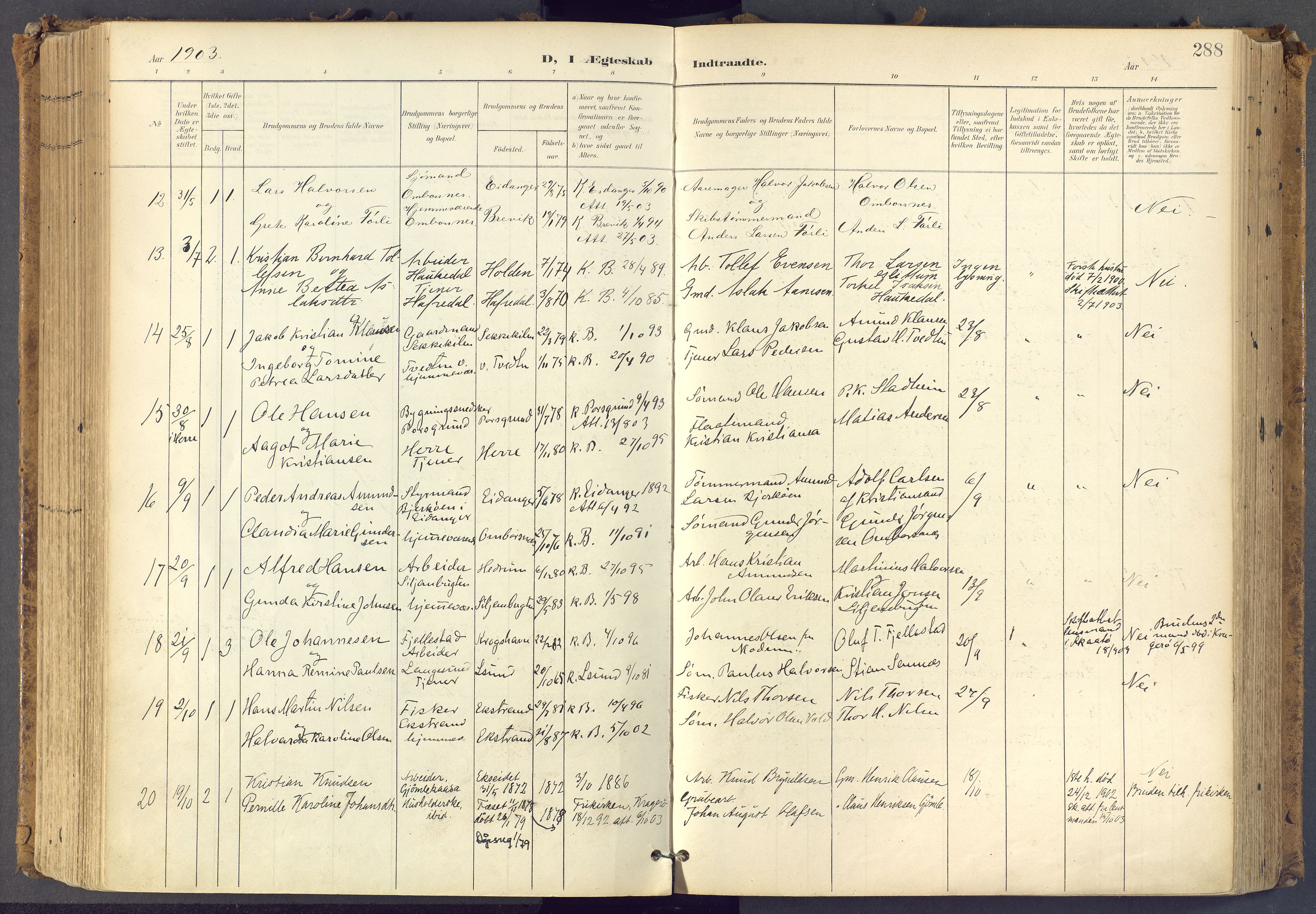 Bamble kirkebøker, SAKO/A-253/F/Fa/L0009: Parish register (official) no. I 9, 1901-1917, p. 288