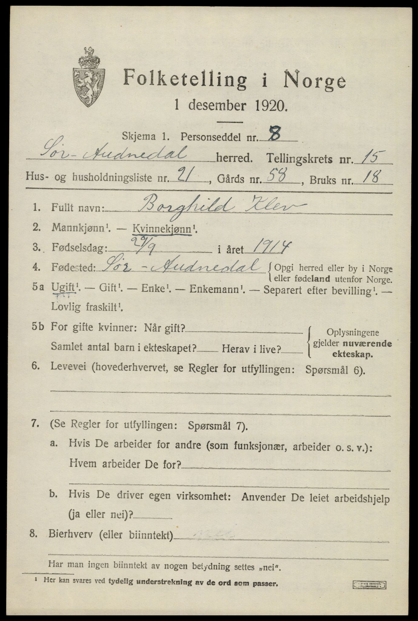 SAK, 1920 census for Sør-Audnedal, 1920, p. 5921