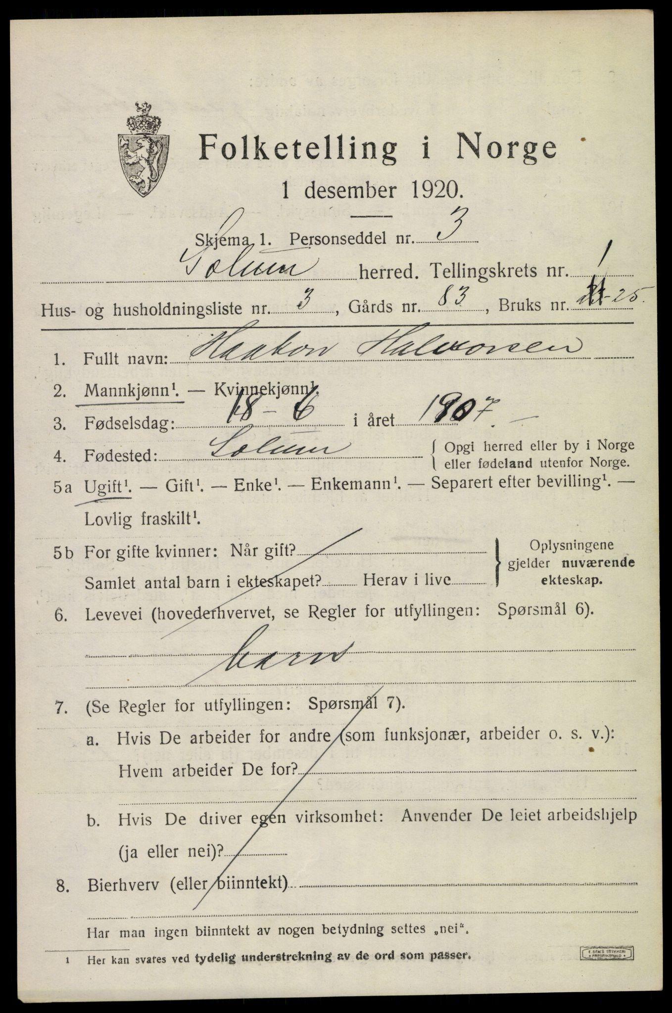 SAKO, 1920 census for Solum, 1920, p. 2282
