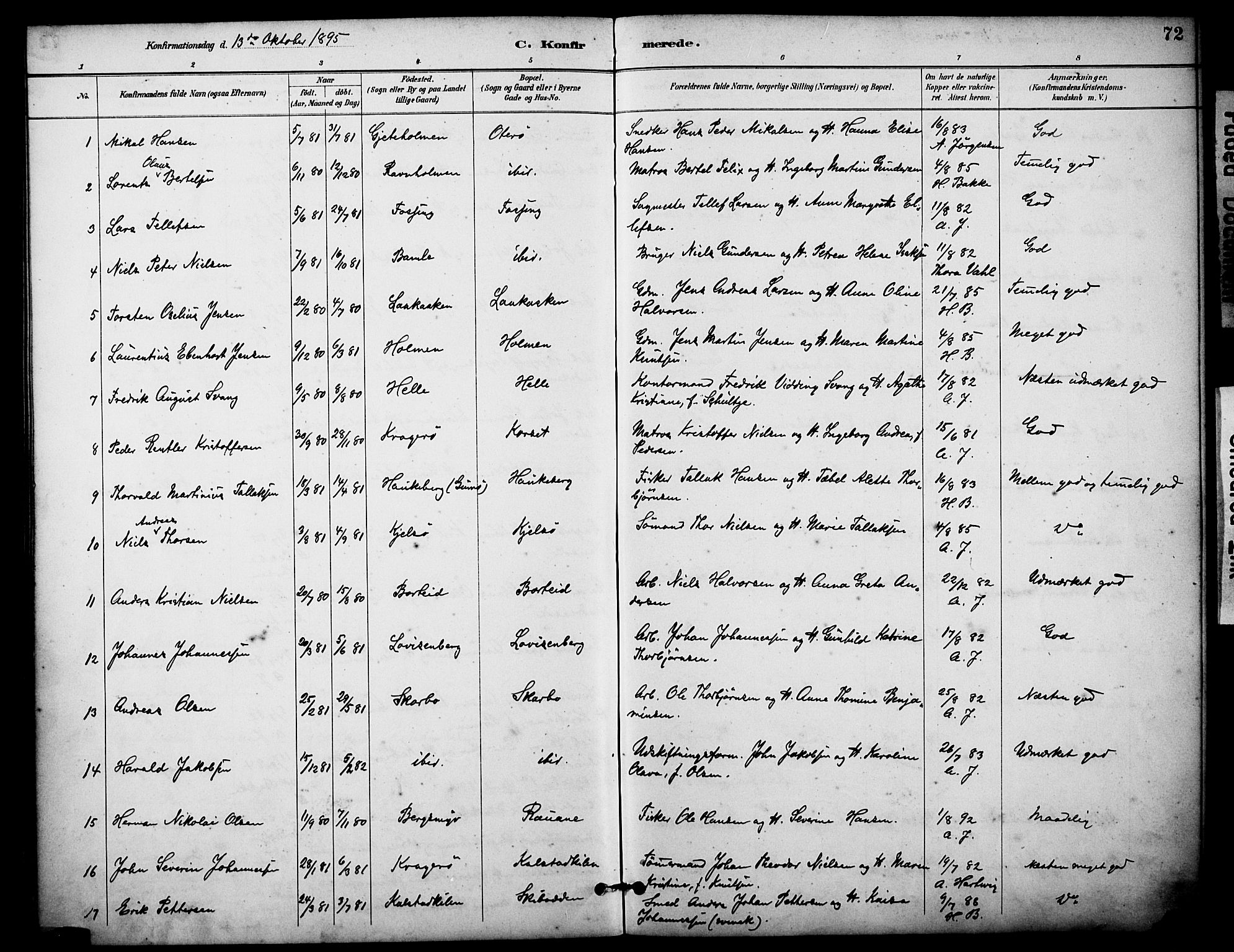 Skåtøy kirkebøker, AV/SAKO-A-304/F/Fa/L0003: Parish register (official) no. I 3, 1884-1899, p. 72