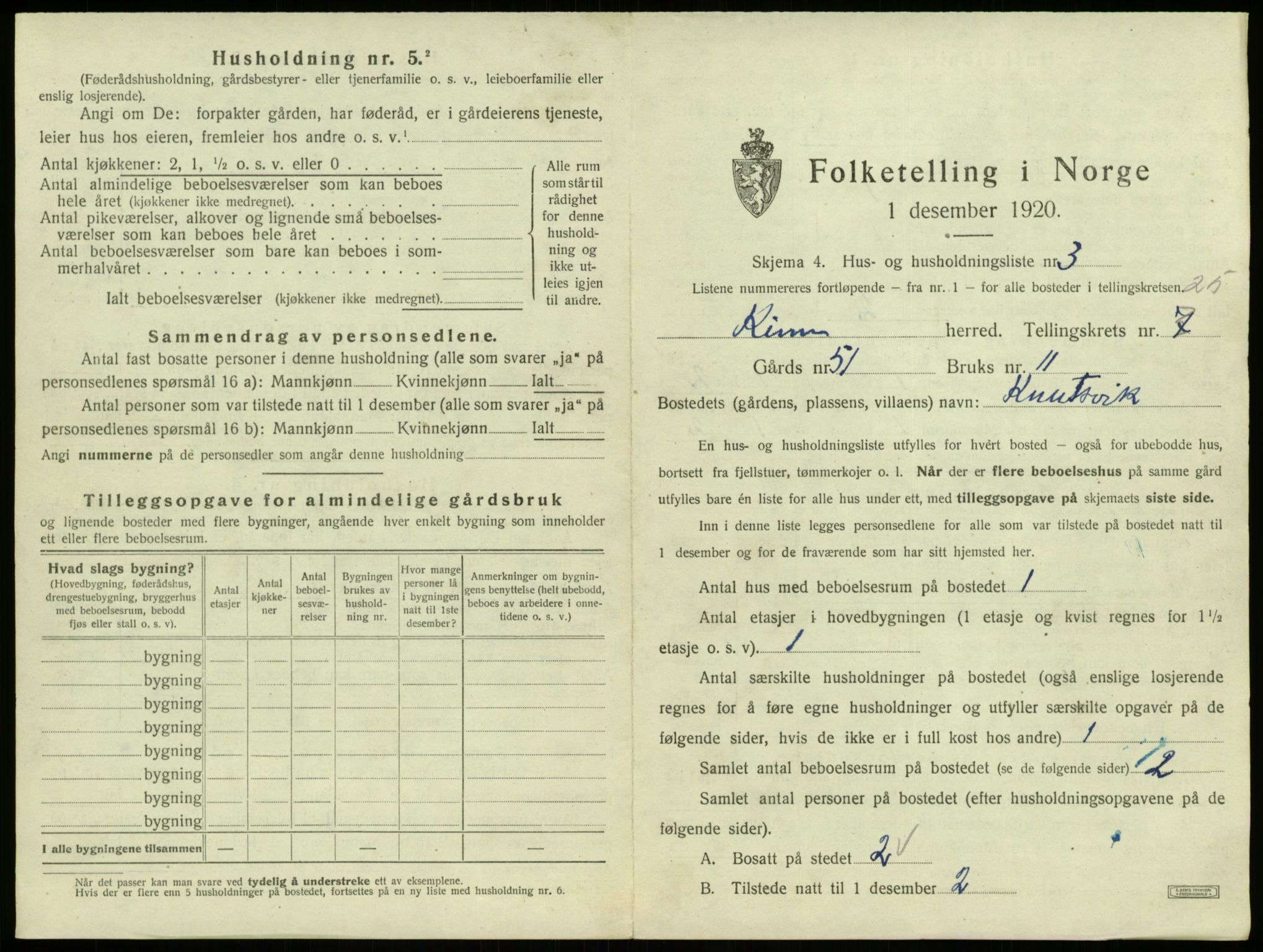 SAB, 1920 census for Kinn, 1920, p. 1220