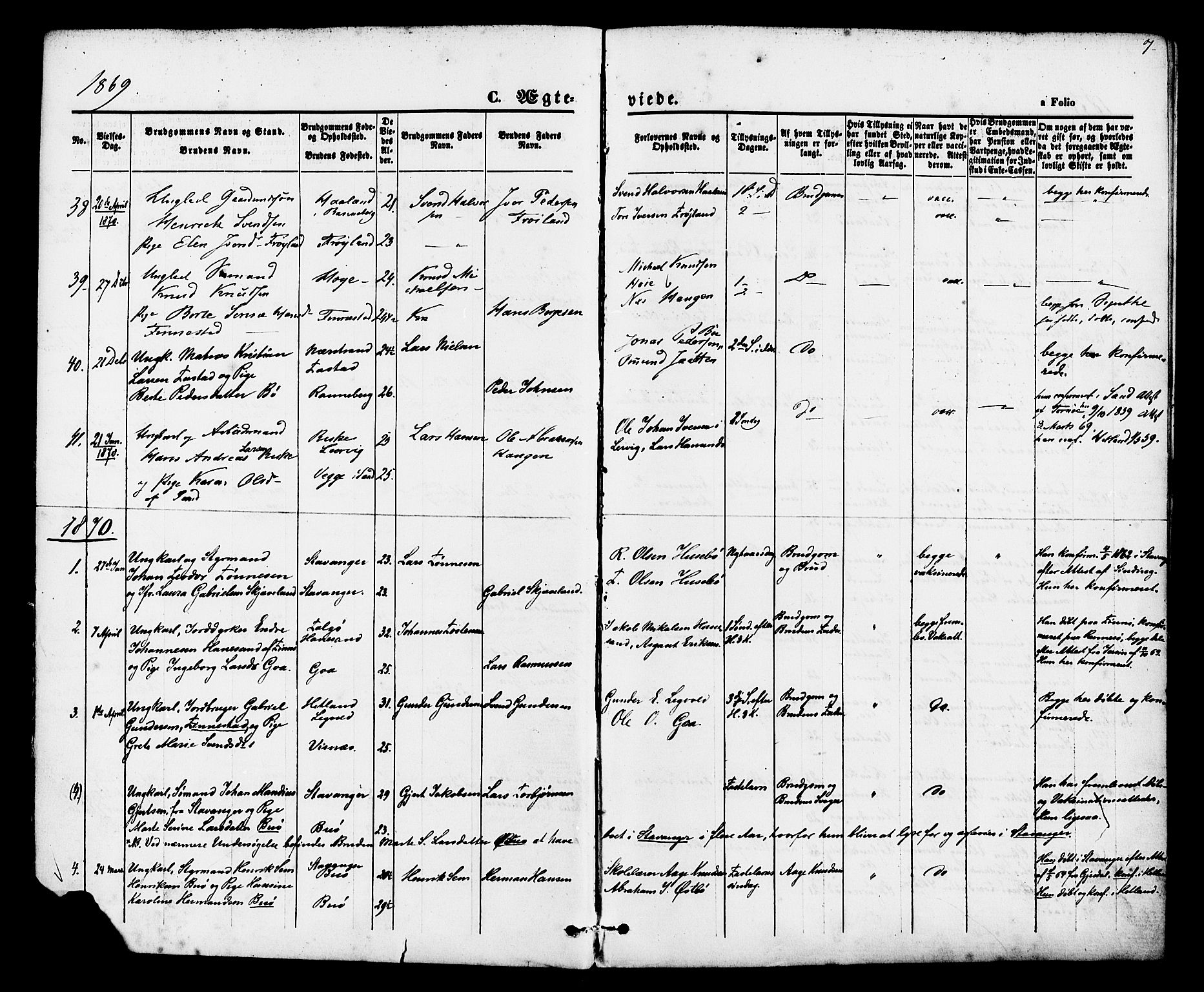 Hetland sokneprestkontor, SAST/A-101826/30/30BA/L0005: Parish register (official) no. A 5, 1869-1884, p. 7